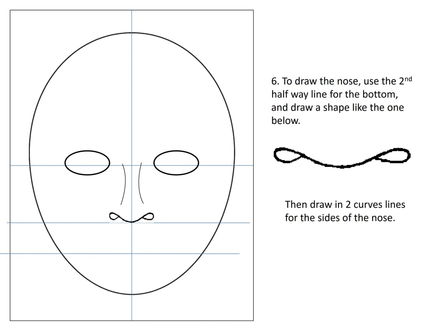 # Drawing a human face
Practise exercises for you to do at home 1.draw an upside down egg shape. 2. Divide the face into quarters
3. Divide