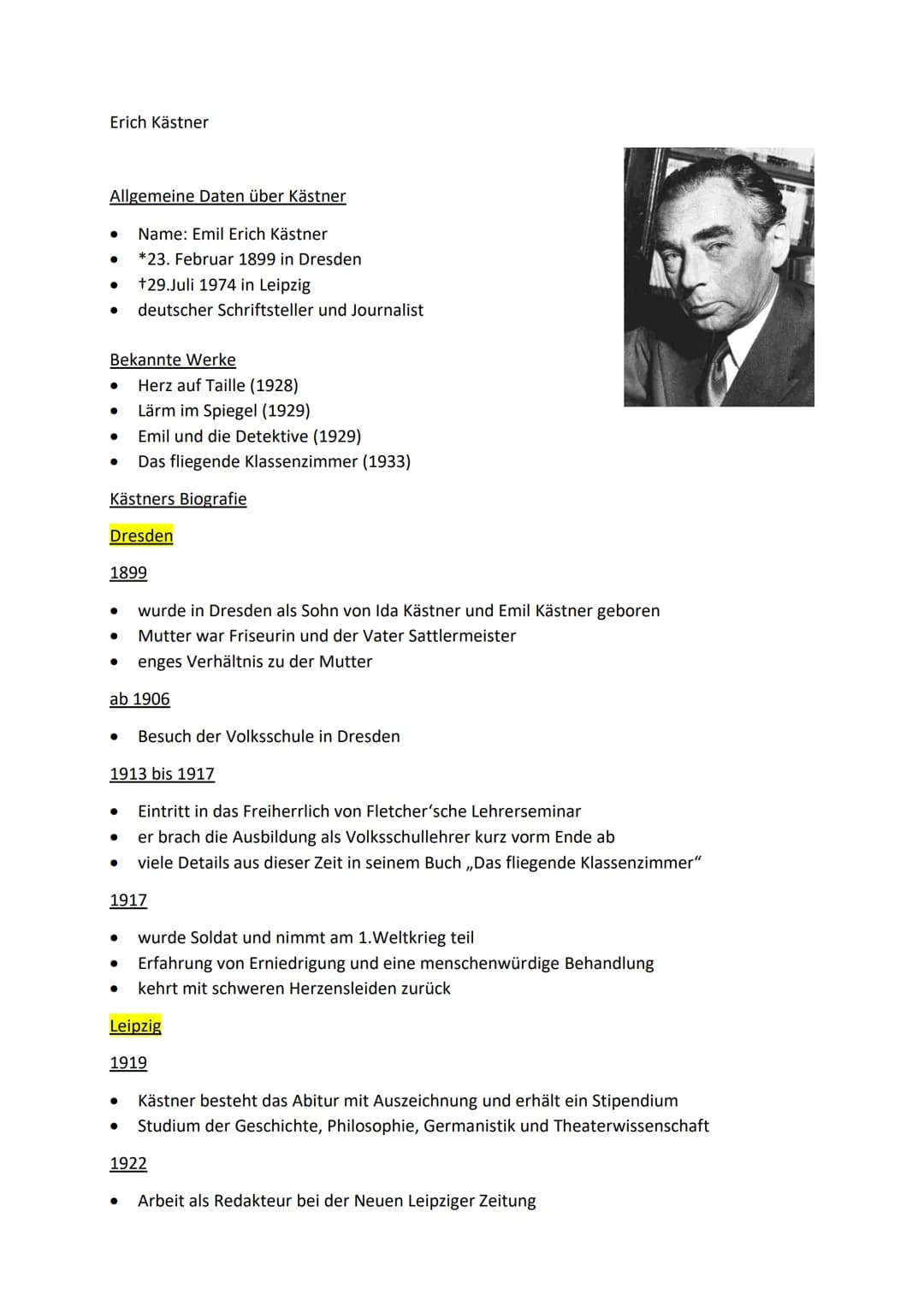 Erich Kästner
Allgemeine Daten über Kästner
- Name: Emil Erich Kästner
- *23. Februar 1899 in Dresden
- +29.Juli 1974 in Leipzig
- deutsch