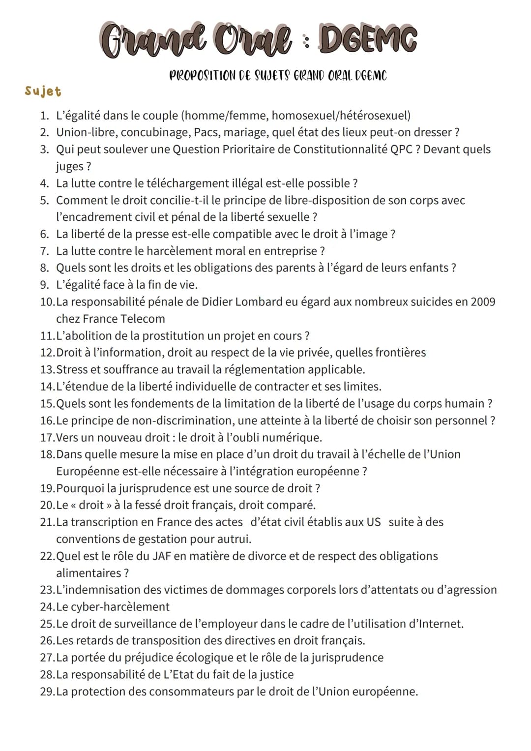 # Grand Oral: DGEMC
PROPOSITION DE SUJETS GRAND ORAL DGEMC
Sujet
1. L'égalité dans le couple (homme/femme, homosexuel/hétérosexuel)
2. Unio