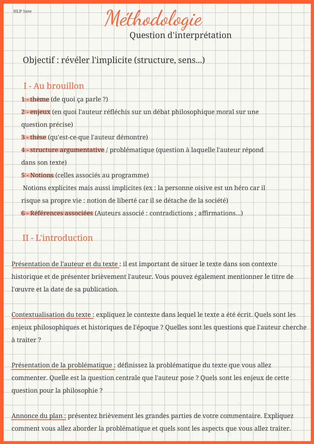 HLP 1ere
# Méthodologie
Question d'interprétation
Objectif: révéler l'implicite (structure, sens...)
## I - Au brouillon
1- thème (de q