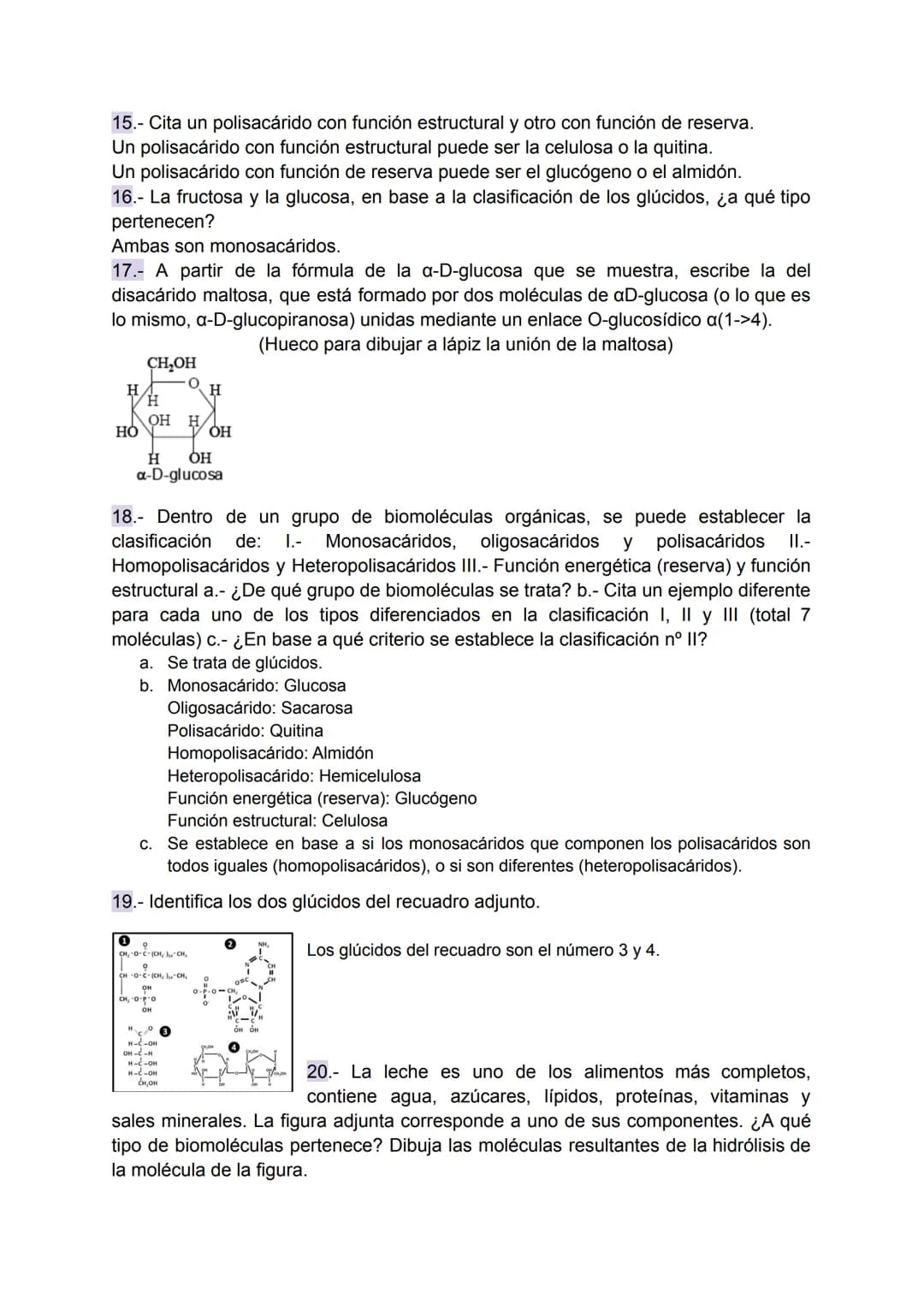 # Preguntas tipo EBAU - Tema Glúcidos
1.- Indica qué moléculas se obtienen de la hidrólisis de la sacarosa.
La hidrólisis de la sacarosa pr