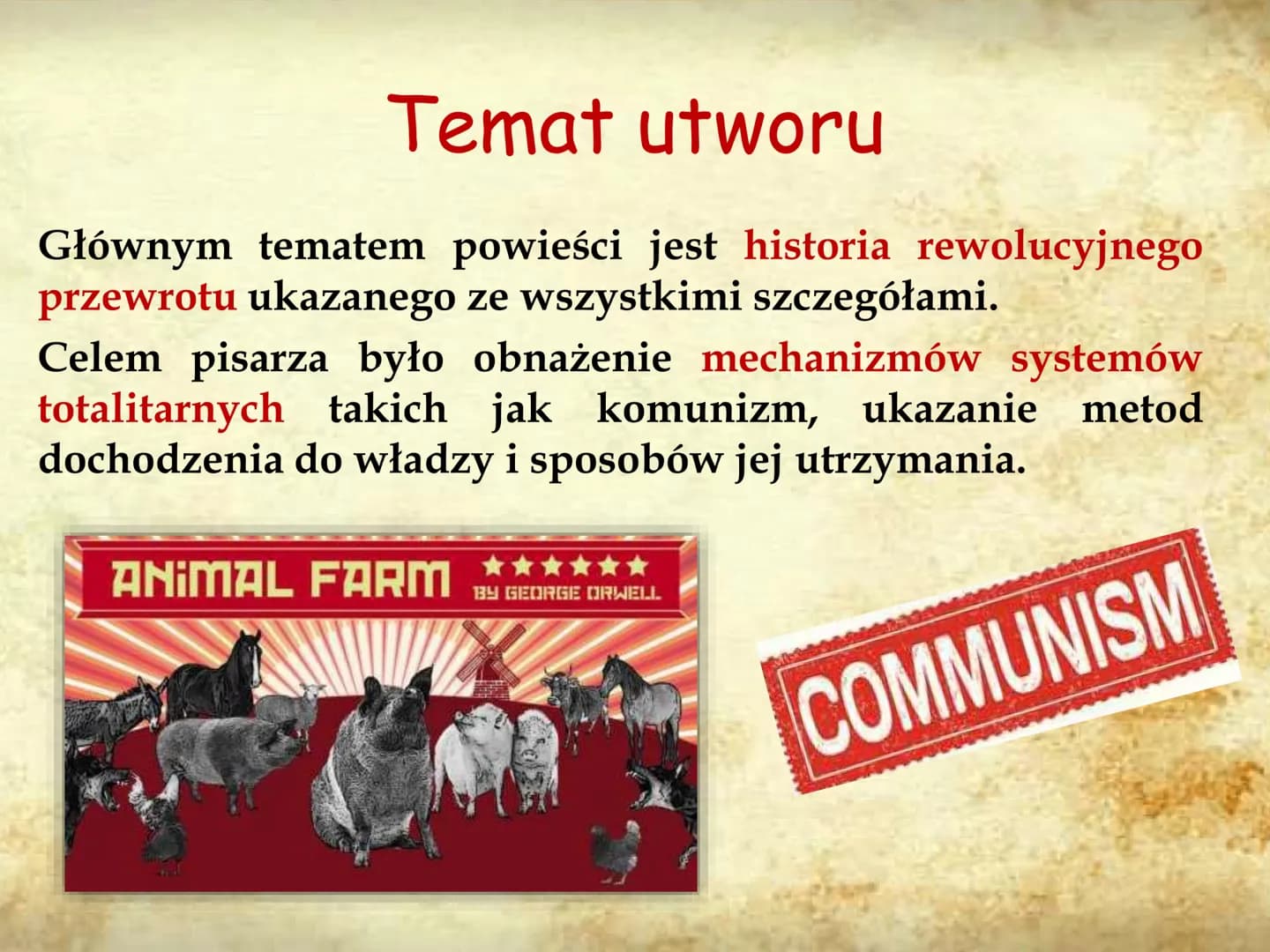 # ANIMAL
## FARM
AUTOR: PIOTR KUŹMIŃSKI 8E # GENEZA UTWORU
Pomysł napisania powieści zrodził sie w
latach 30, bezpośrednio po udziale Orwe