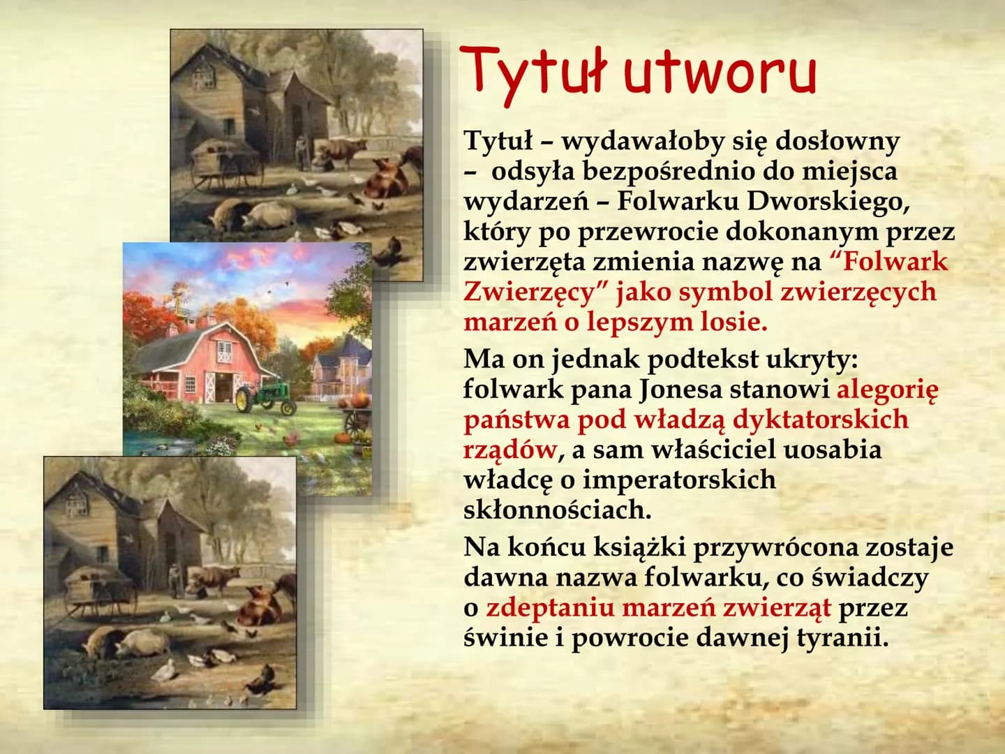 # ANIMAL
## FARM
AUTOR: PIOTR KUŹMIŃSKI 8E # GENEZA UTWORU
Pomysł napisania powieści zrodził sie w
latach 30, bezpośrednio po udziale Orwe