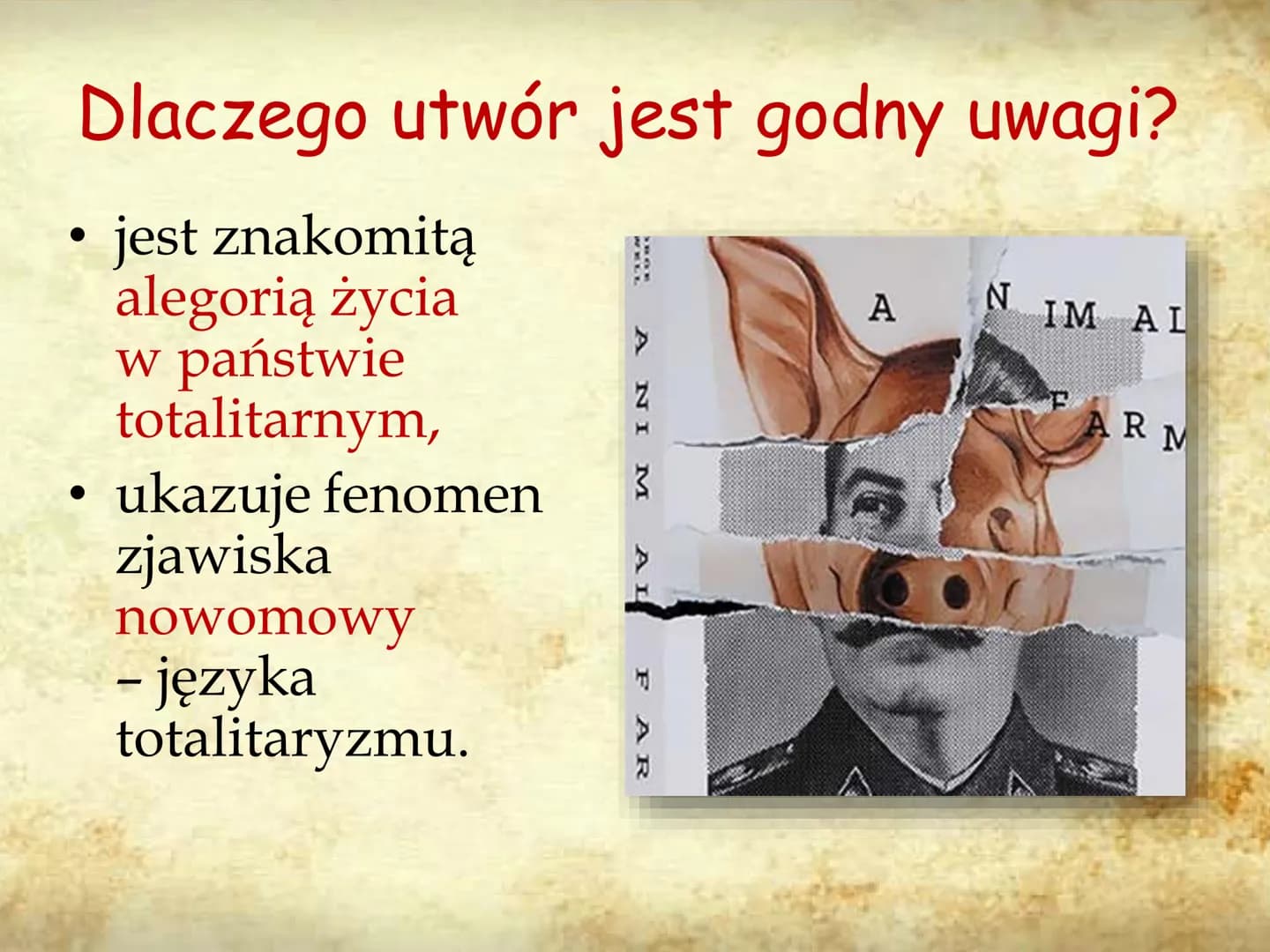 # ANIMAL
## FARM
AUTOR: PIOTR KUŹMIŃSKI 8E # GENEZA UTWORU
Pomysł napisania powieści zrodził sie w
latach 30, bezpośrednio po udziale Orwe