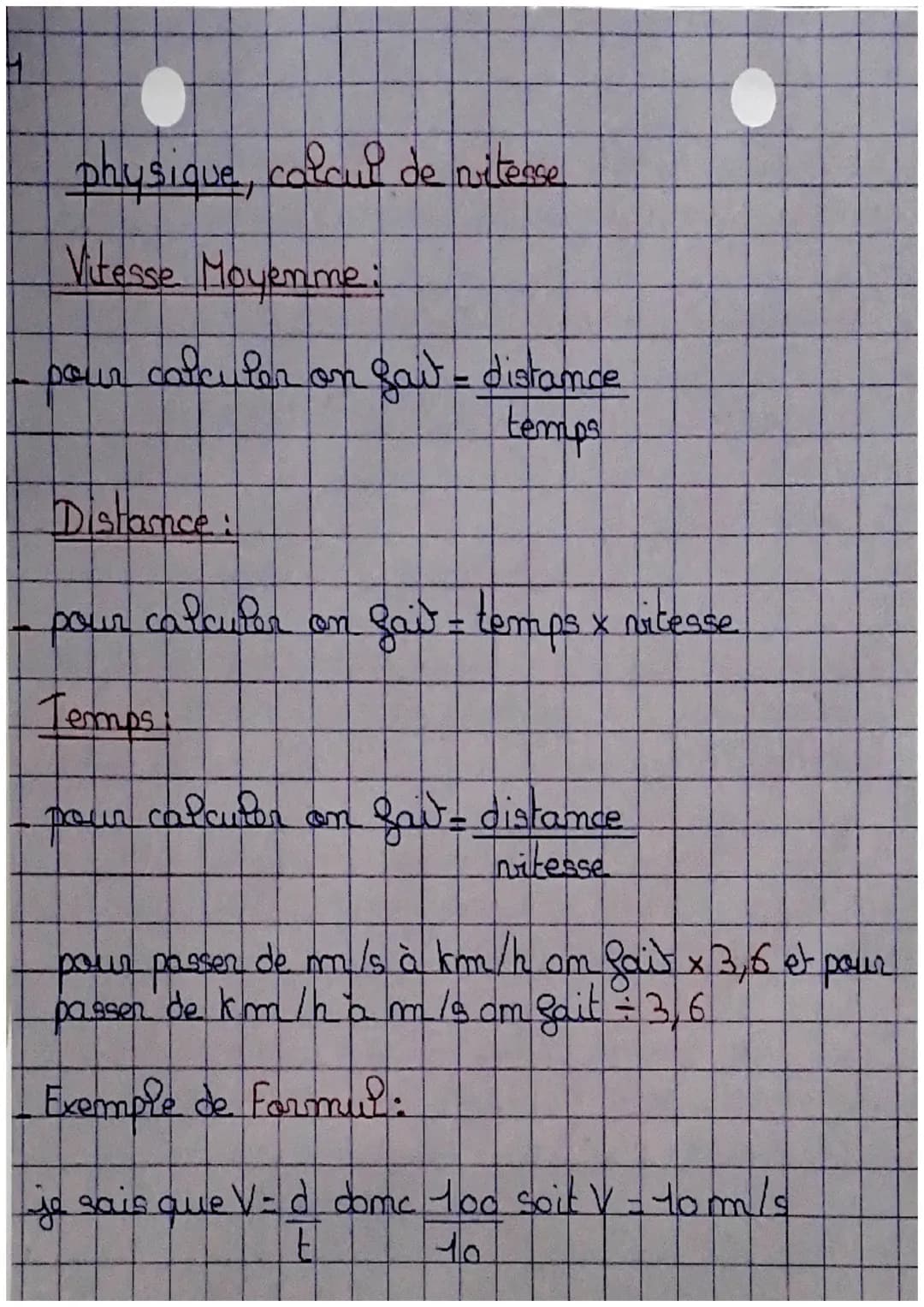 # physique, calcul de vitesse
Vitesse Moyenme:
- pour calculer on Saw = $\frac{distance}{temps}$
Distance:
- pour calculer on fait = temps