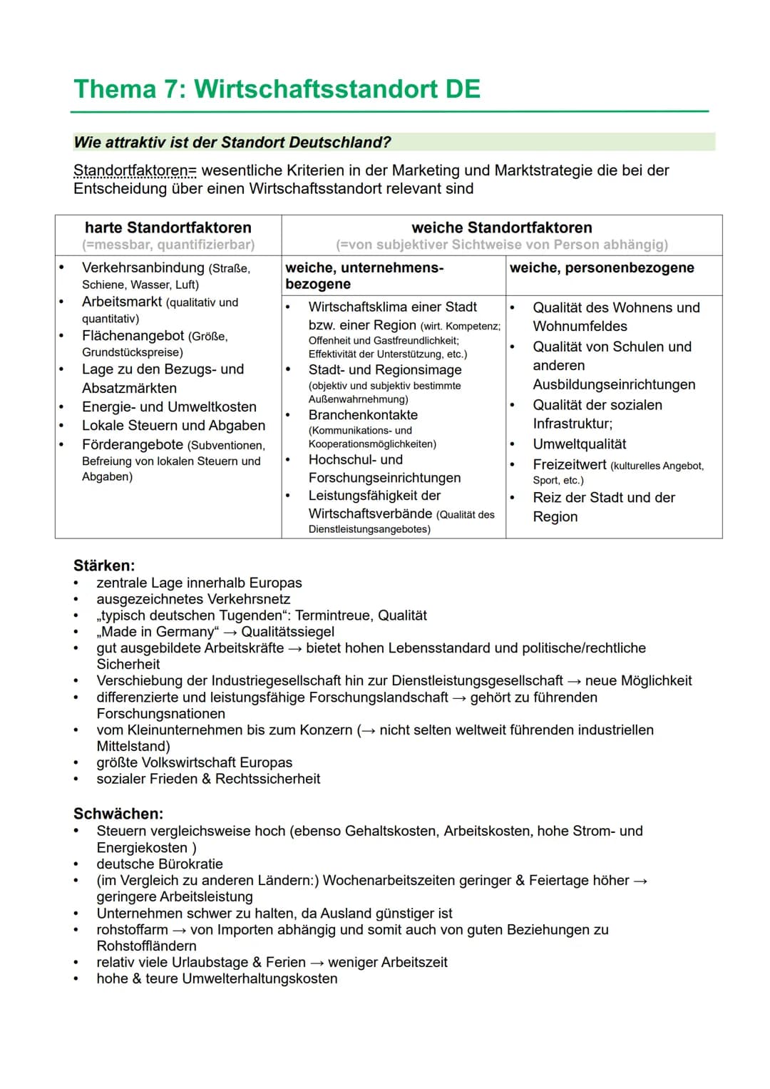 Thema 7: Wirtschaftsstandort DE
Wie attraktiv ist der Standort Deutschland?
Standortfaktoren wesentliche Kriterien in der Marketing und Ma
