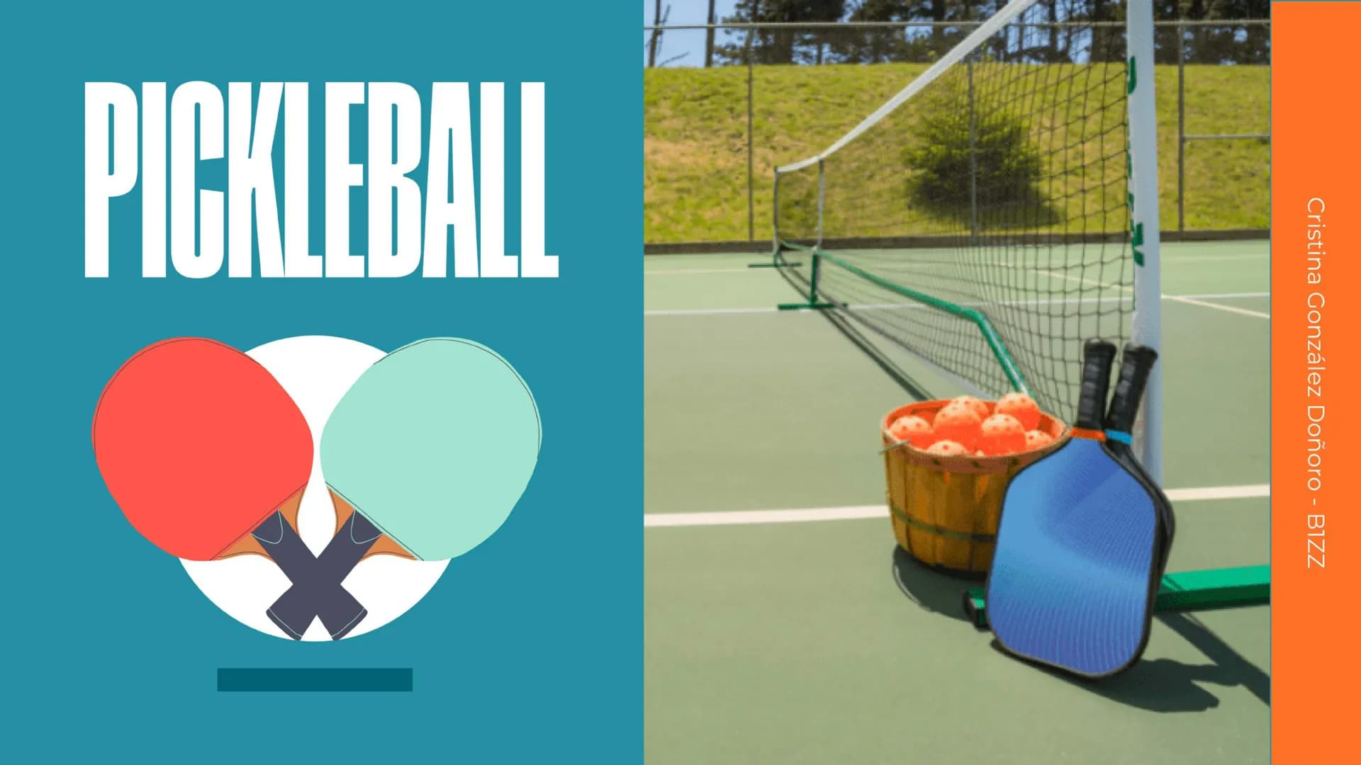 # PICKLEBALL
Cristina González Doñoro - B1ZZ - • ÍNDICE •
01
INTRODUCCIÓN
¿Qué es?
02
HISTORIA
03
REGLAMENTO
04
MATERIAL
05
TERRE