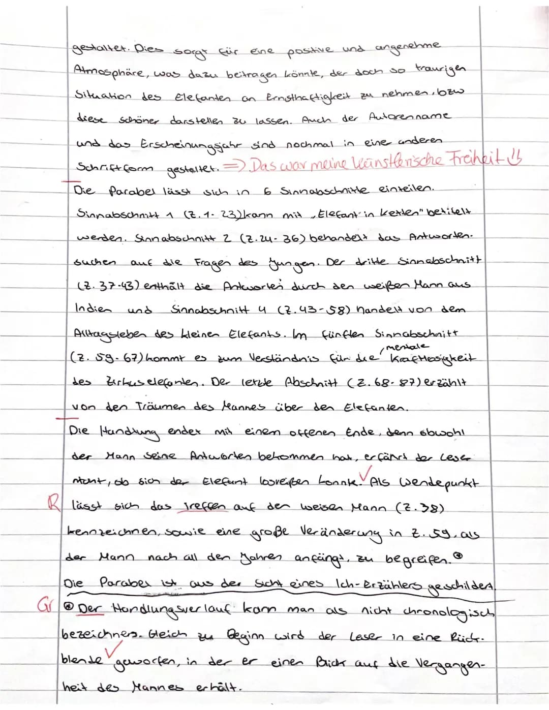 Bewertungsbogen zu Jorge Bucay's Parabel „Wie der Elefant die Freiheit fand"
Name der Schülerin:
Inhaltliche Leistung
Kriterien: Die Schü