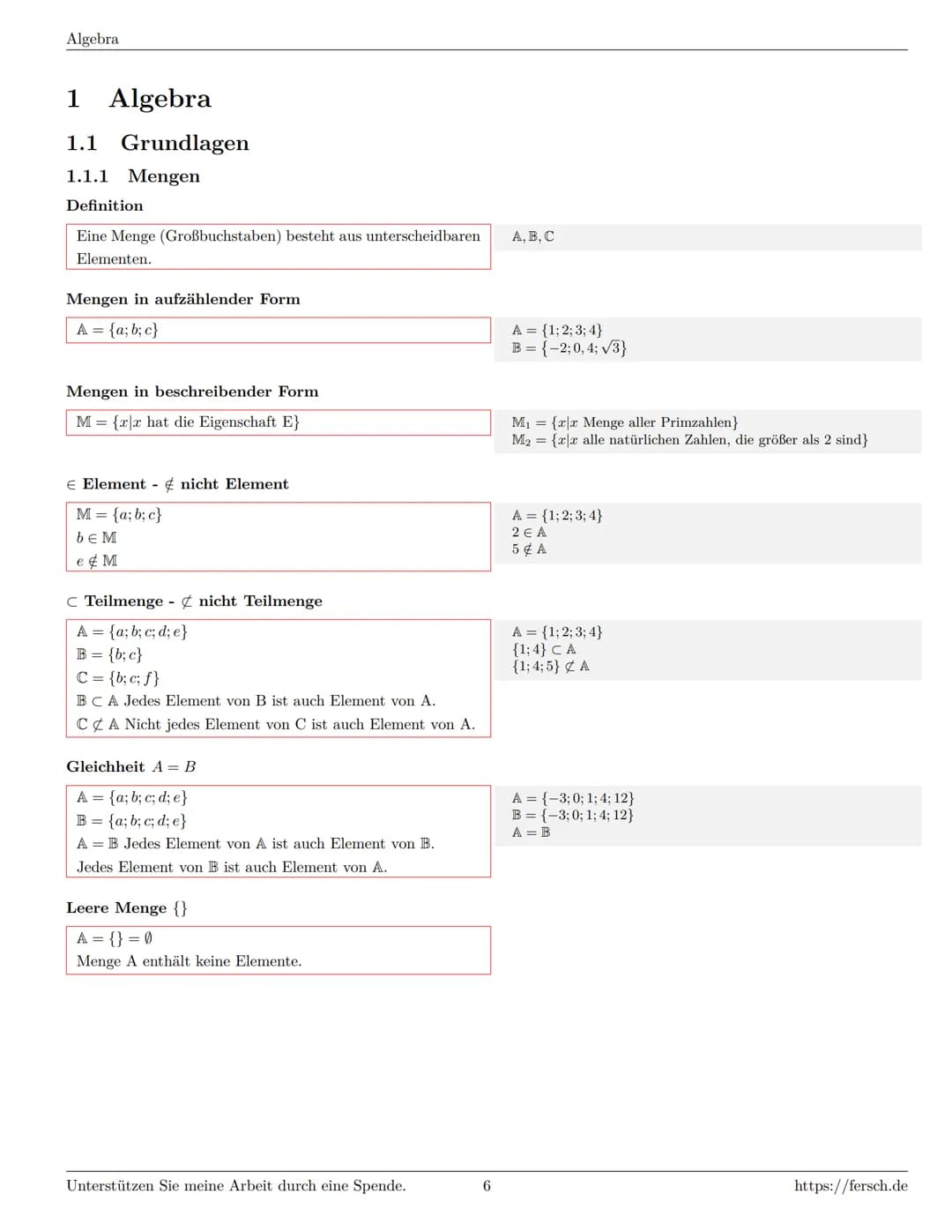 # Formelsammlung Mathematik
http://www.fersch.de
Klemens Fersch
1. Juli 2020
Inhaltsverzeichnis
1 Algebra
1.1 Grundlagen
1.1.1 Mengen