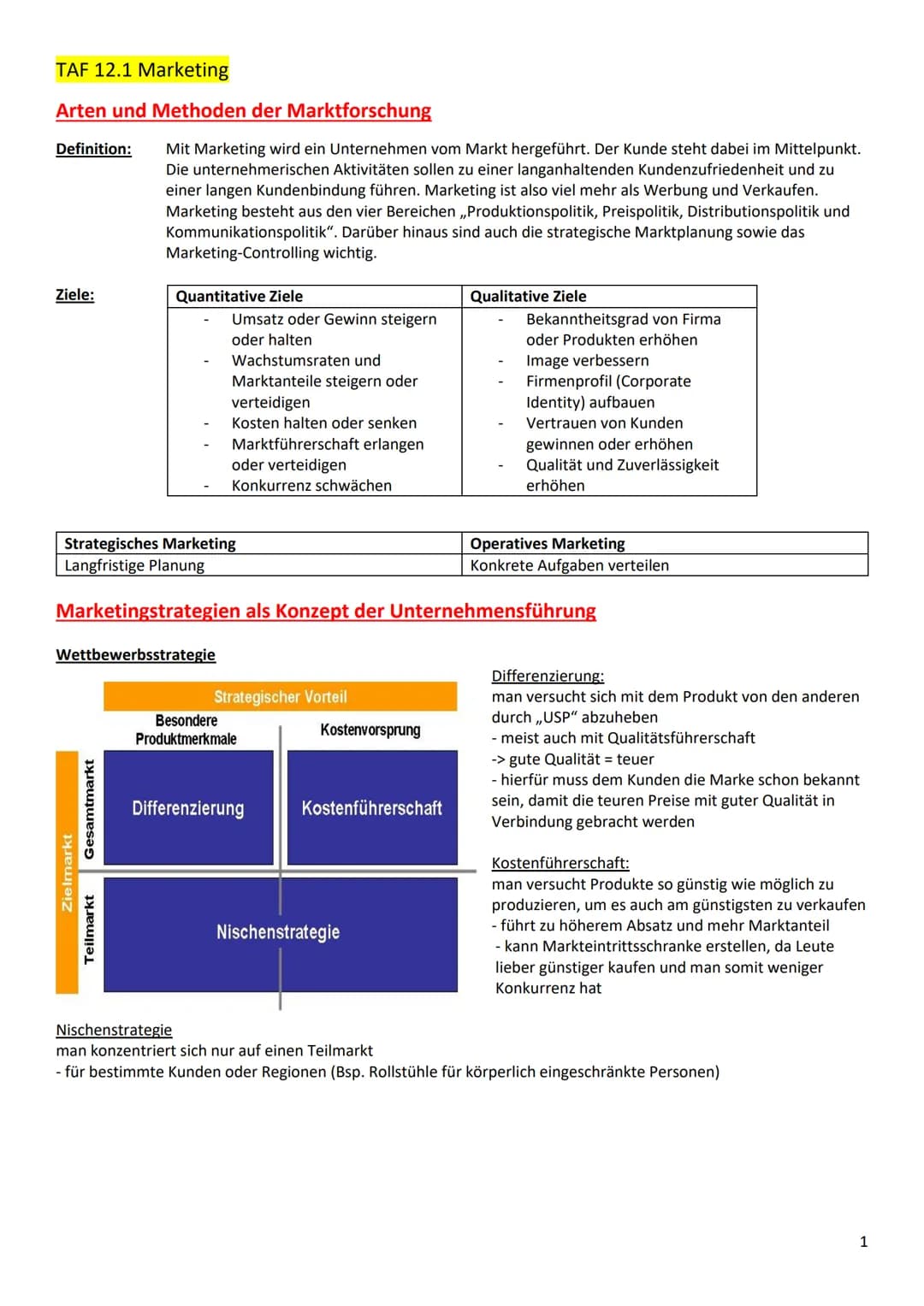 # TAF 12.1 Marketing
Arten und Methoden der Marktforschung
Definition:
Mit Marketing wird ein Unternehmen vom Markt hergeführt. Der Kunde