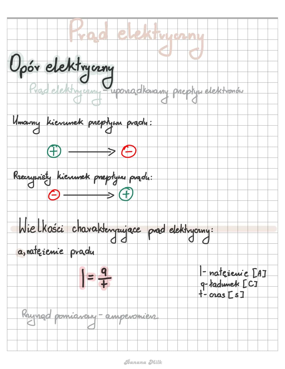 Prad elektrycany
Opór elektryczny
Prad elektryczny uponadkovany prepływ elektronów
Umowny kierunek prepływu pradu:
Rzeczywisty kienmek