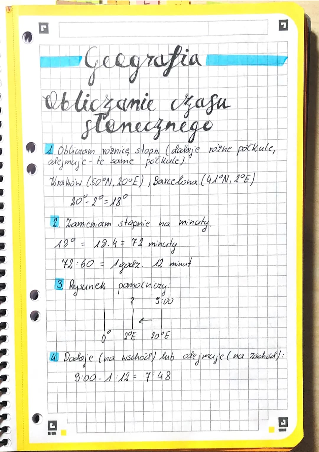 Geografia
Obliczanie zasu
stonecznego
1. Obliczam różnicę stopni (dalaje różne počkule,
adejmuje te same počkule).
Thrakow (50°N, 20°E), B