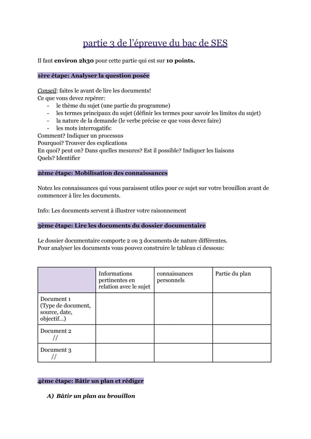 # partie 3 de l'épreuve du bac de SES
Il faut environ 2h30 pour cette partie qui est sur 10 points.
1ère étape: Analyser la question posée