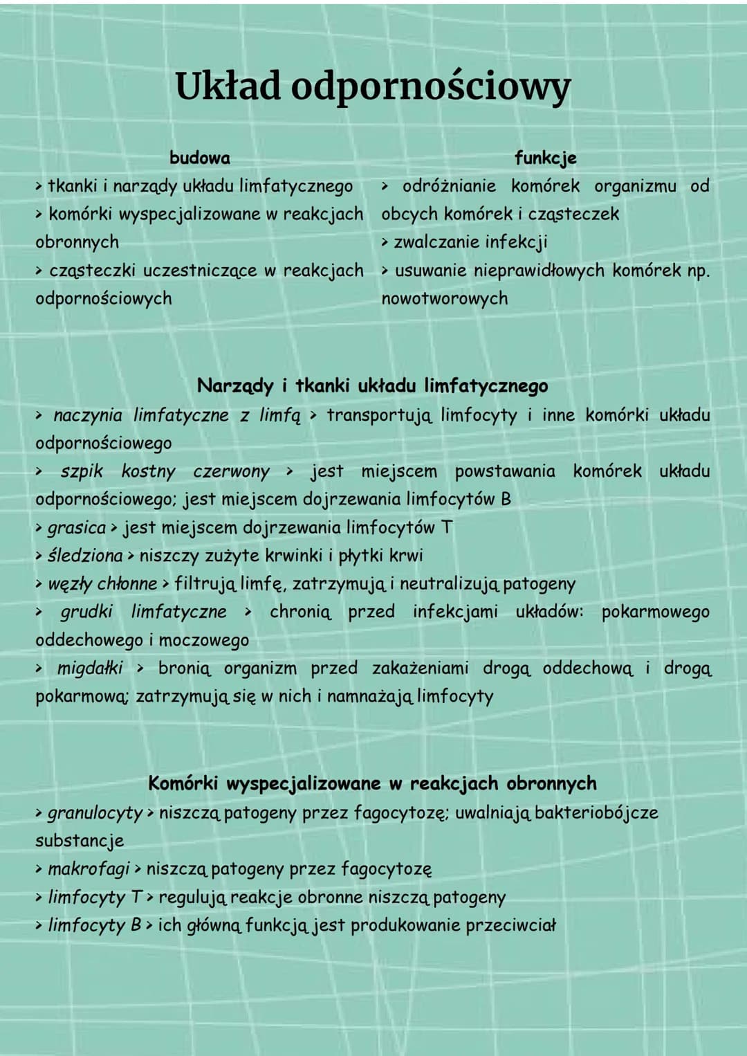 # Układ odpornościowy
## budowa
> tkanki i narządy układu limfatycznego
> komórki wyspecjalizowane w reakcjach
obronnych
> cząsteczki uczes