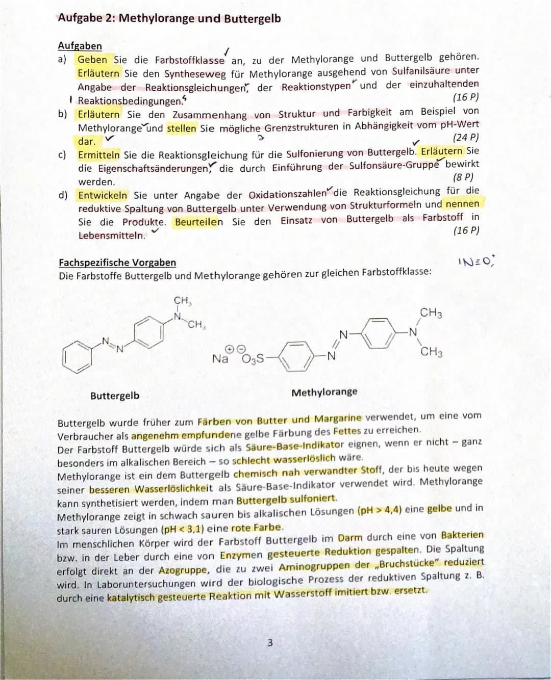 <h2>Methylorange und Buttergelb</h2>
<h3>Farbstoffklasse</h3>
<p>Methylorange und Buttergelb gehören zur Farbstoffklasse der Azofarbstoffe.