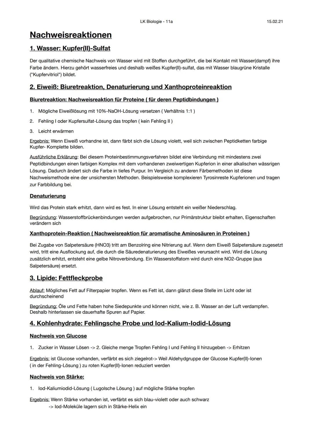 LK Biologie - 11a
15.02.21
# Nachweisreaktionen
## 1. Wasser: Kupfer(II)-Sulfat
Der qualitative chemische Nachweis von Wasser wird mit Sto