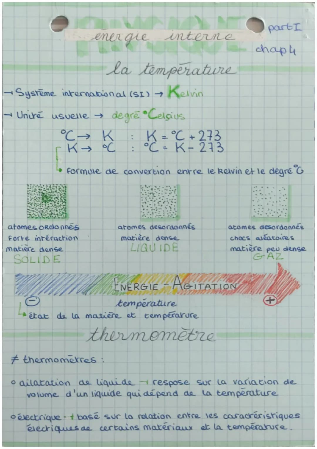 part I
energie interne
chaph
la température
- Système international (SI) → Kelvin
-Unire usuelle degre Celsius
$°C → K : K= °C +273$
$K