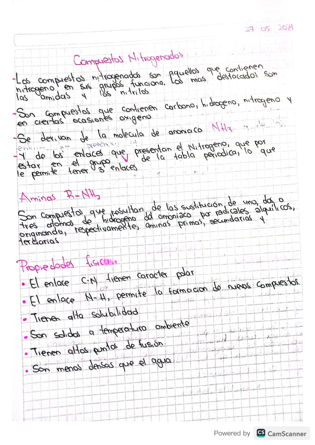 17 05 202A
# Compuestos Nitrogenados
- Los compuestos nitrogenados son aquellos que contienen
nitrogeno en sus grupos funciona, Los mas de
