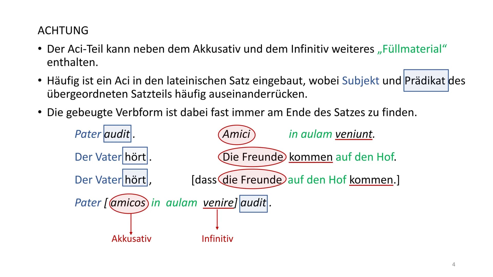 # Accusativus cum infinitivo (Aci)
Ich höre den Freund rufen.
↓
Akkusativ Infinitiv
gebeugte Verbform
(Prädikat)
Im Grunde genommen ben