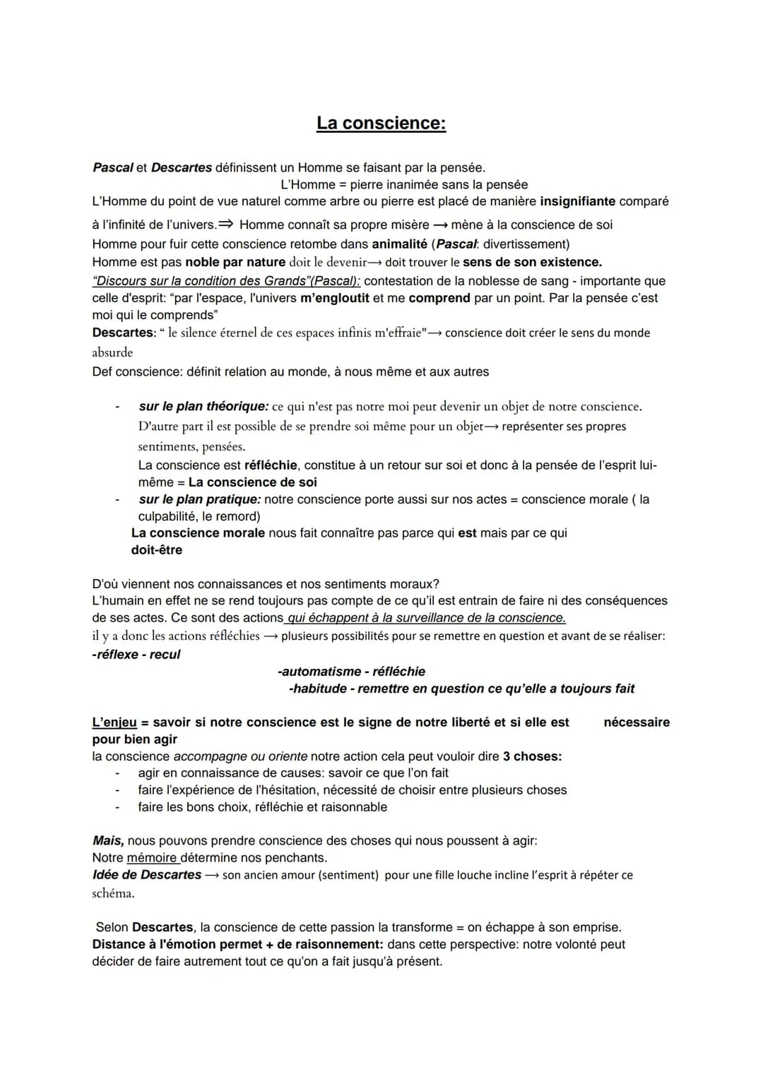 # La conscience:
Pascal et Descartes définissent un Homme se faisant par la pensée.
L'Homme = pierre inanimée sans la pensée
L'Homme du p
