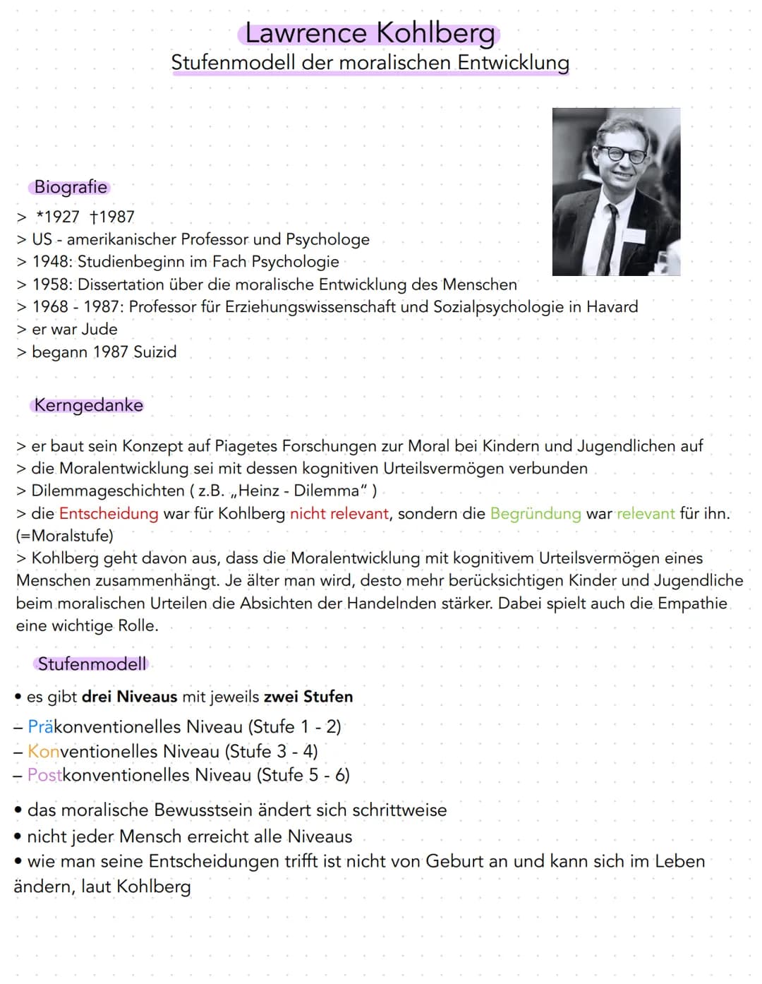 # Lawrence Kohlberg
Stufenmodell der moralischen Entwicklung
Biografie
> *1927 +1987
> US - amerikanischer Professor und Psychologe
> 1948: