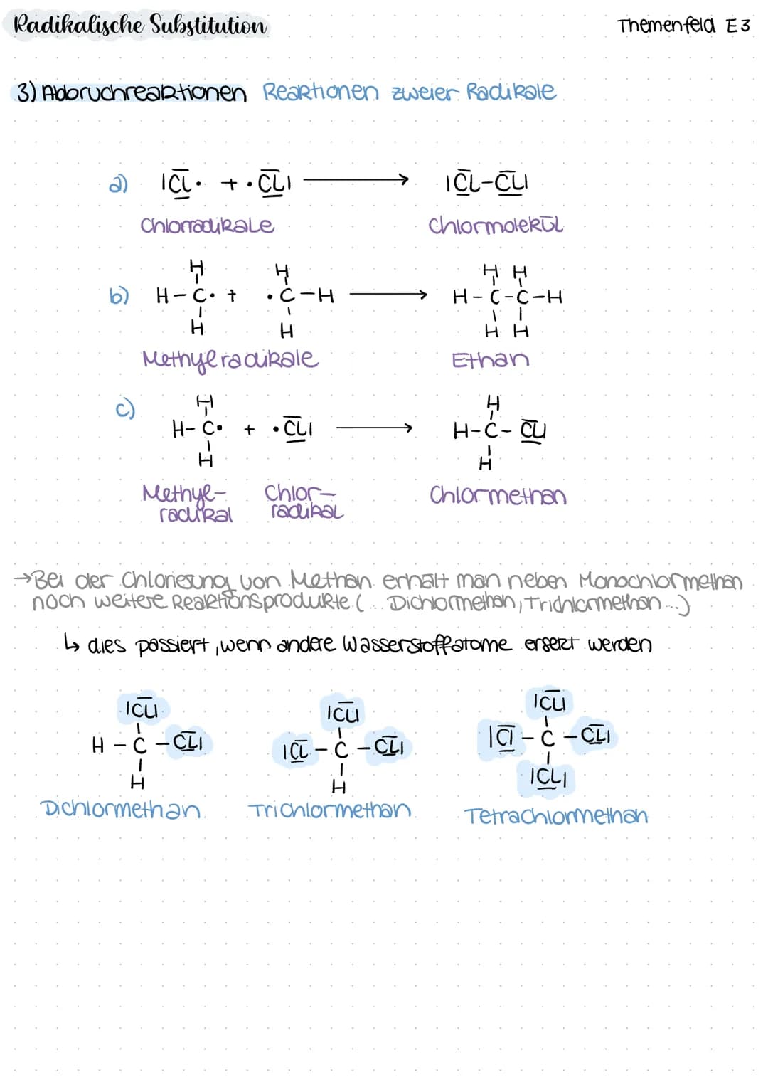 # Radikalische Substitution
Radikal
Tellchen mit ungepaarten
Elektronen
→extrem Reartiu
Substitution
Reaktion, bei der in einem
Molekül ei