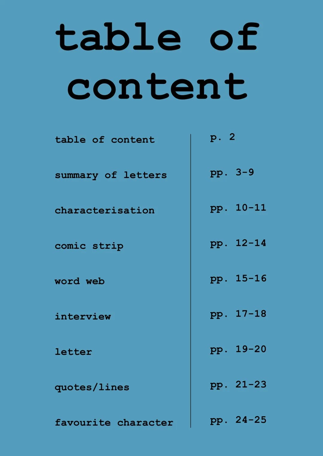 the
perks of being a
wallflower
Reading log Sophie table of
content
table of content
p. 2
summary of letters
pp. 3-9
characterisation
PP.