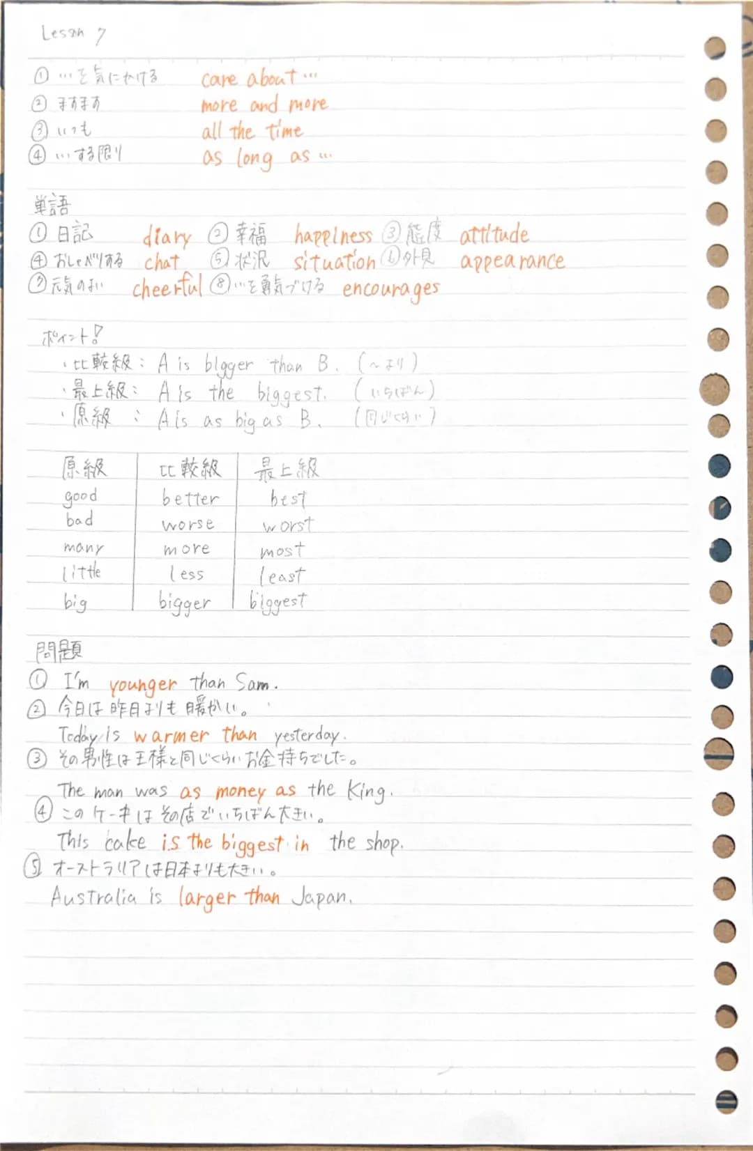 Lesson 6
① 世界のいたるところで all over the world
②いしてくれてありがとう Thank you for ~ing.
③ たくさんのい a lot of ...
④いを構成する make up...
⑤初めて for the first time