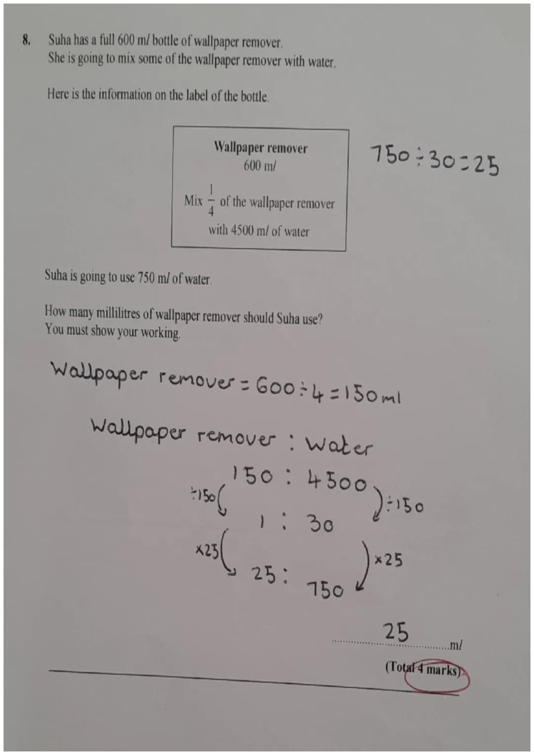 1. Work out 5.4×0.24
$5.4×10=54$
$0.24×100=24$
$54x24=1296$
$100×10=1000$
$1296\div1000 = 1.296$
1.296
(Total 3 marks)
2. The height