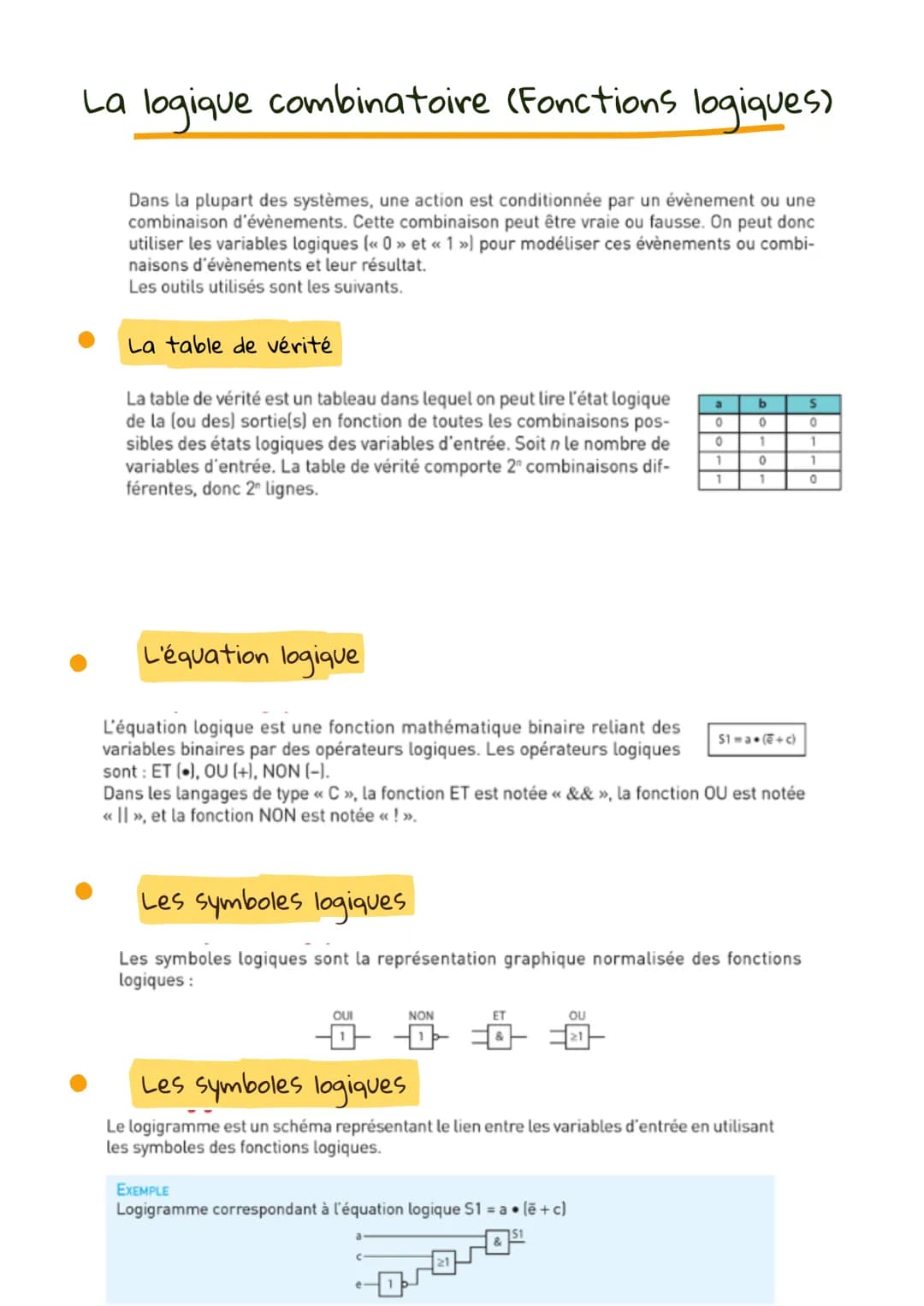 # La logique combinatoire (Fonctions logiques)
Dans la plupart des systèmes, une action est conditionnée par un évènement ou une
combinaiso