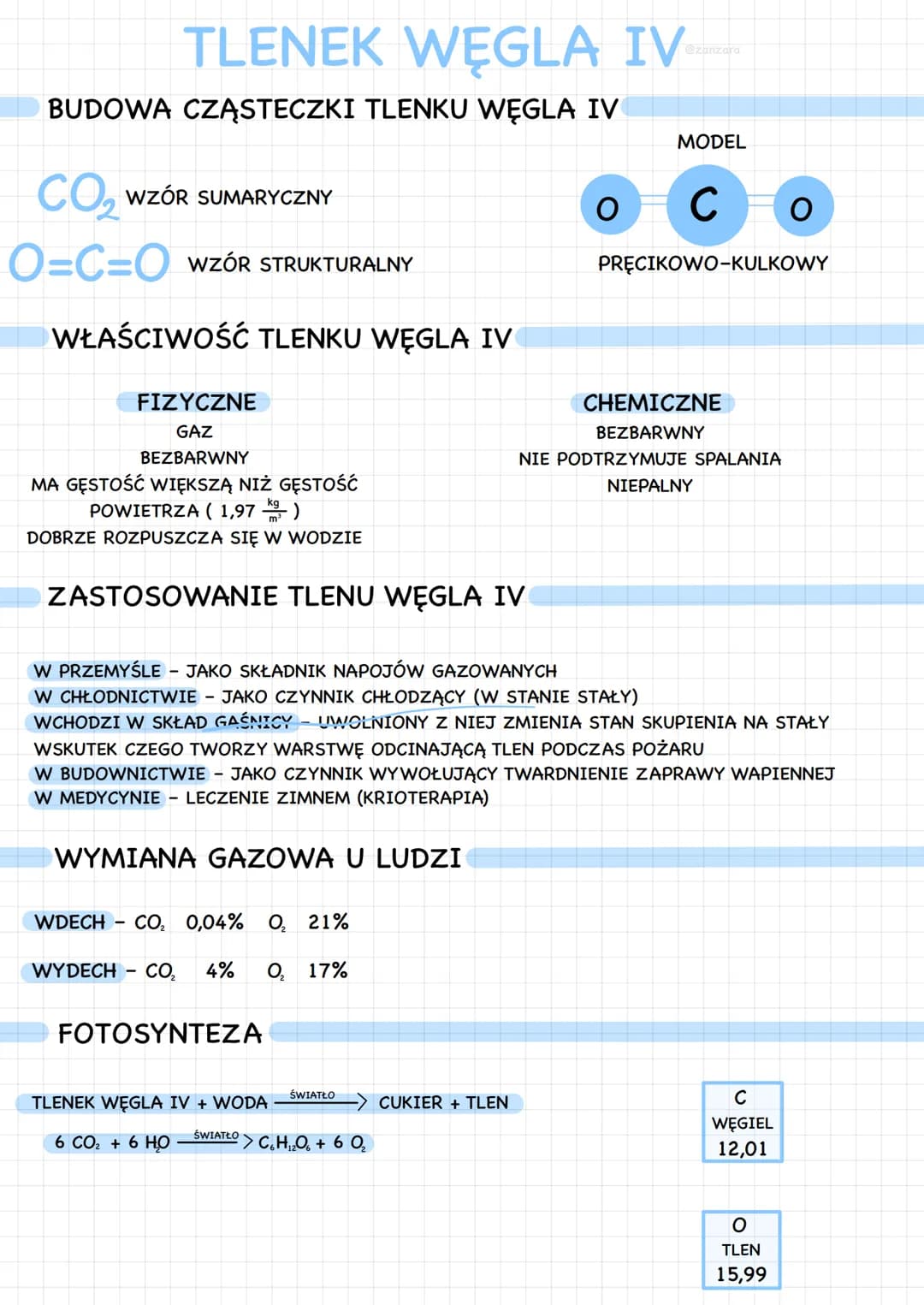 # TLENEK WĘGLA IV
BUDOWA CZĄSTECZKI TLENKU WĘGLA IV
CO2 WZÓR SUMARYCZNY
MODEL
Ο C Ο
O=C=O WZÓR STRUKTURALNY
PRĘCIKOWO-KULKOWY
WŁAŚCIW