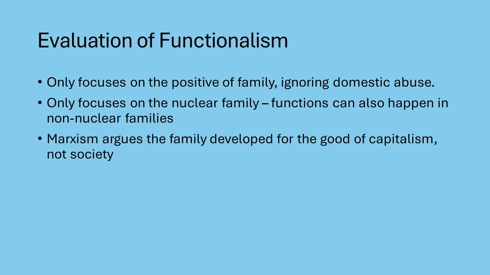 # AQA - Family
Covering: functionalism, new right, Marxism, feminism, gender and
domestic labour, postmodernism, personal life, marriage &