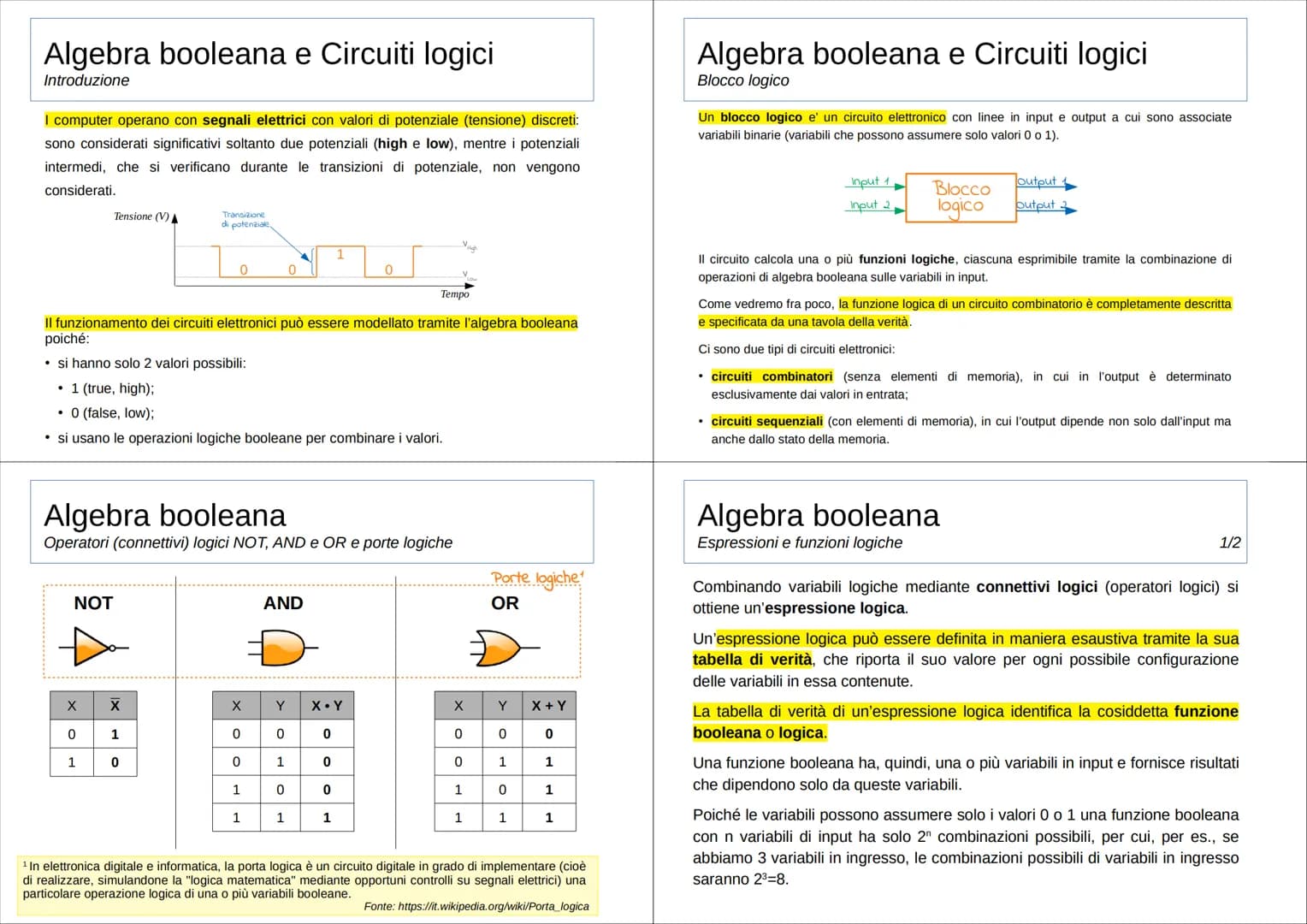 # Algebra booleana e Circuiti logici
Introduzione
I computer operano con segnali elettrici con valori di potenziale (tensione) discreti:
son