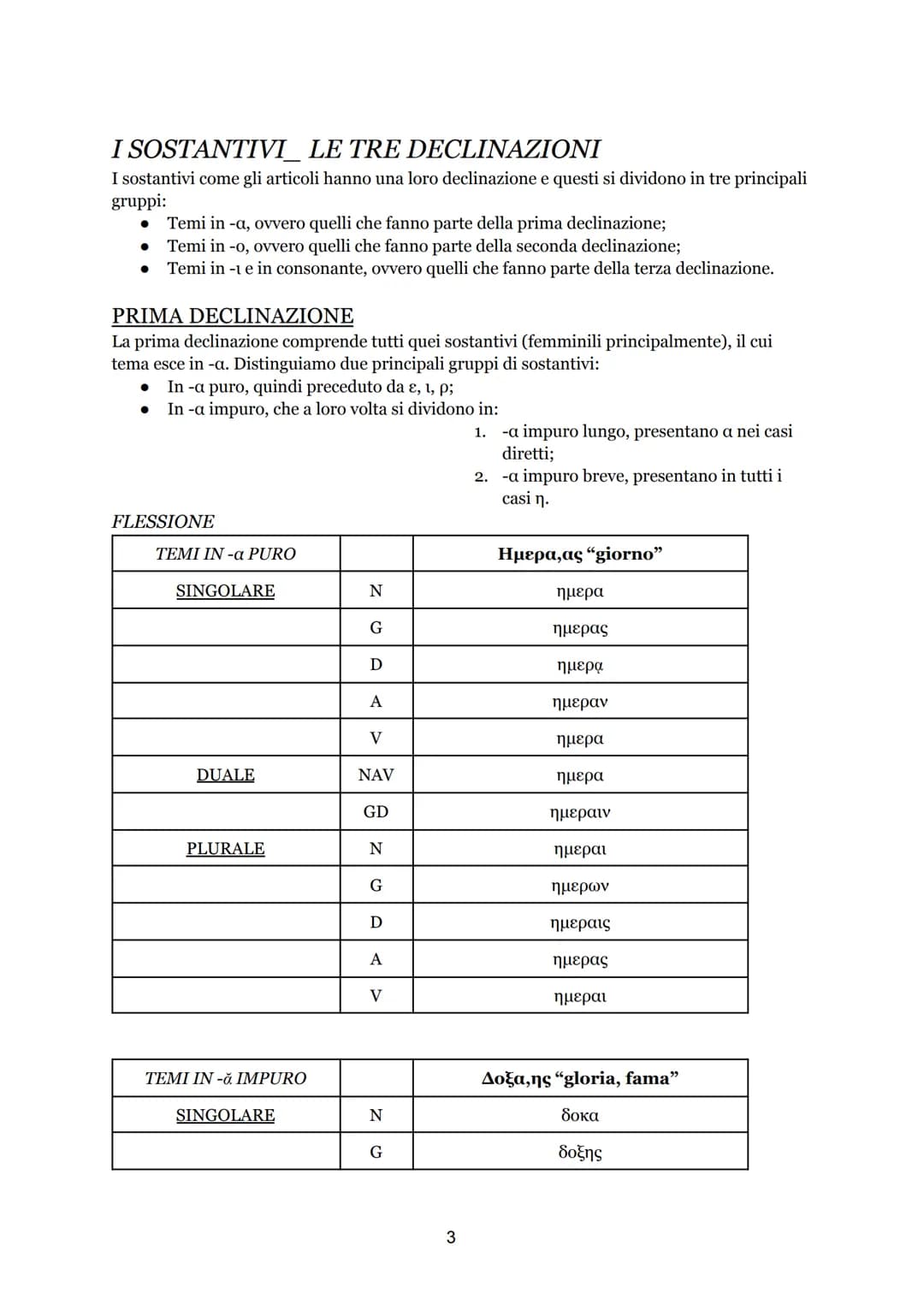 INDICE
* ARTICOLI, declinazione e flessione; 2
* SOSTANTIVI, divisione per temi; 3
* Prima declinazione, flessione; 3
* Sec