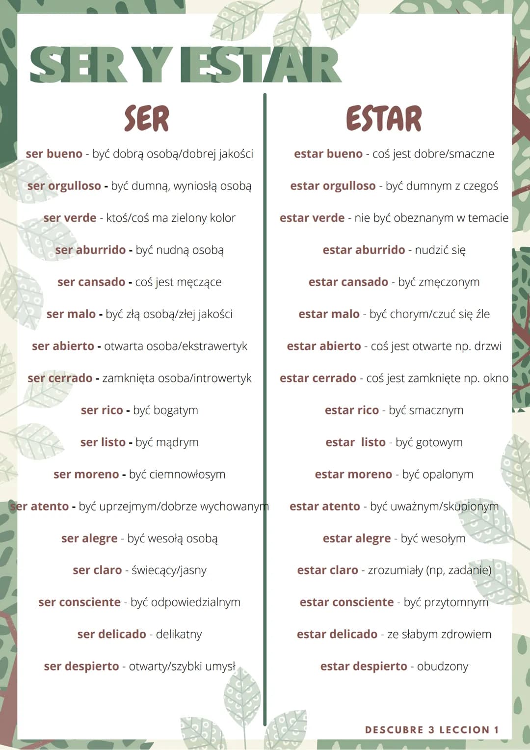 # SERY ESTAR
## SER
ser bueno - być dobrą osobą/dobrej jakości
ser orgulloso - być dumną, wyniosłą osobą
ser verde - ktoś/coś ma zielony