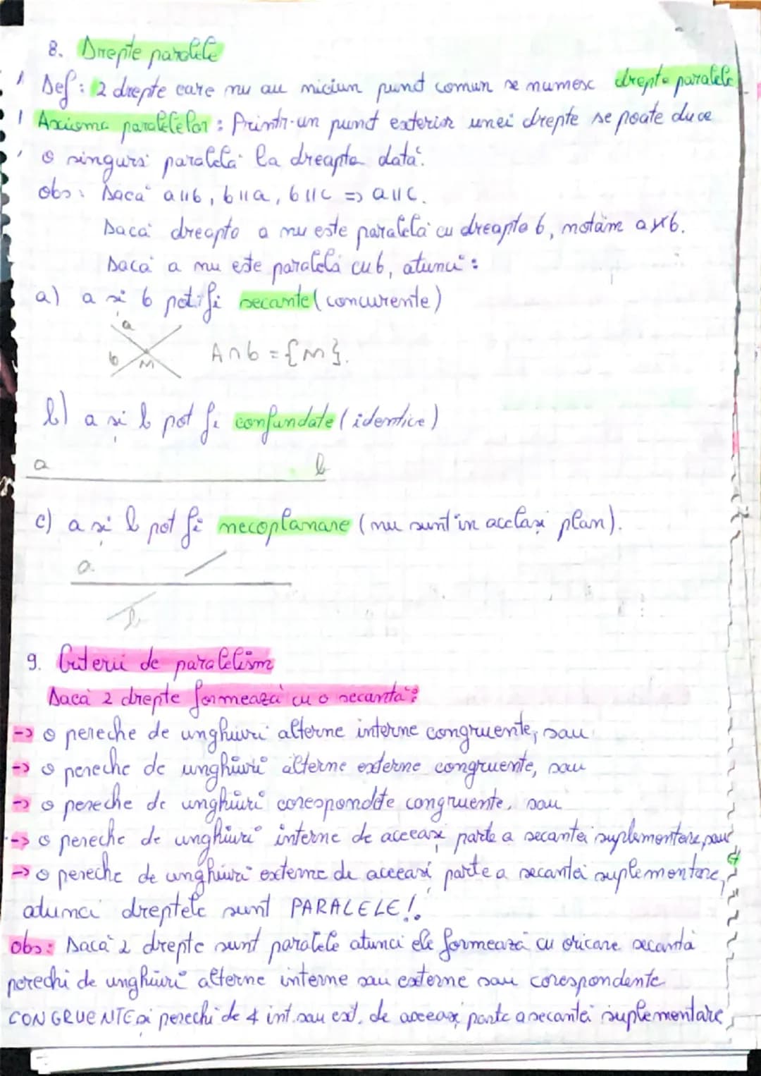 8. Drepte paralele
Def: 2 drepte care nu au niciun punt comun se numesc drepte paralele
| Axioma paralelefon: Printr-un punt exterior unei