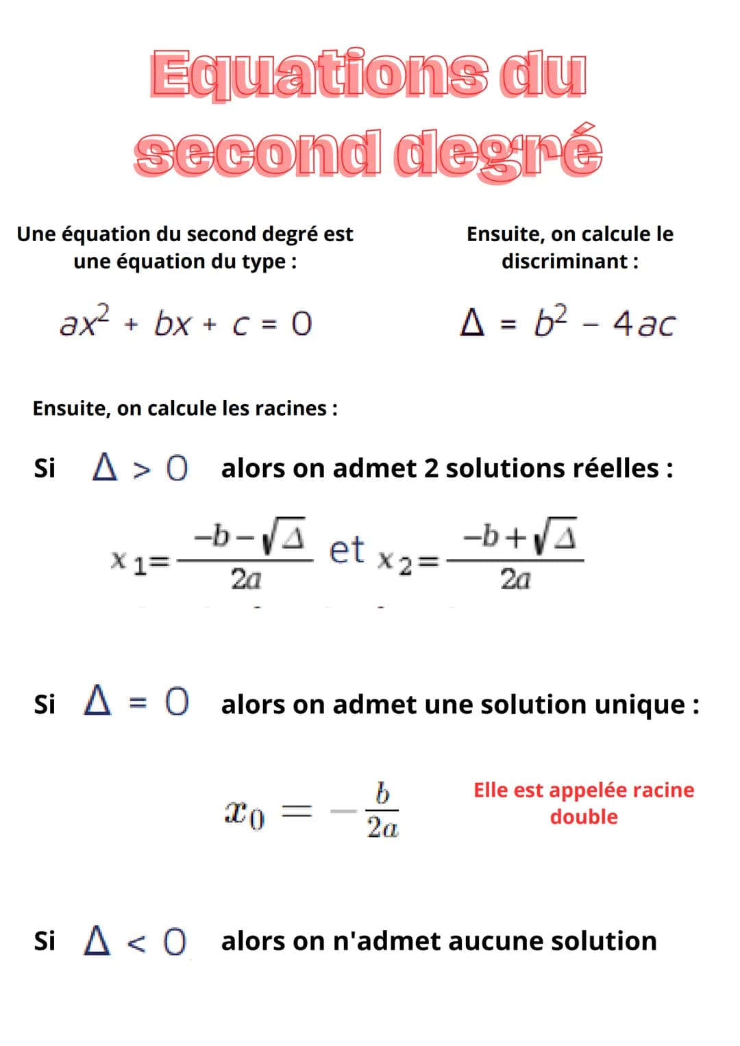 # Equations clu
# second degré
Une équation du second degré est
une équation du type :
$ax² + bx + c = 0$
Ensuite, on calcule le
discrimi