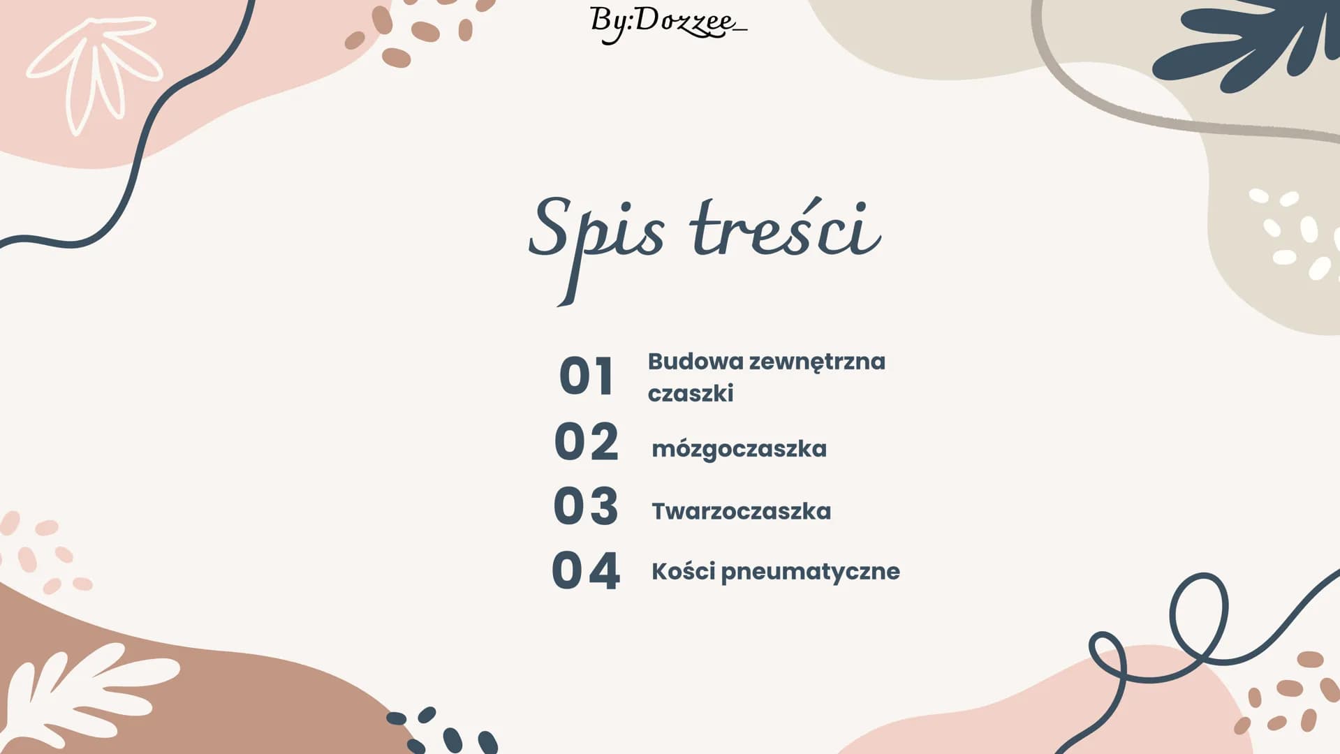 By:Doxzee
Czaszka By:Dozzee
# Spis treści
01 Budowa zewnętrzna
czaszki
02 mózgoczaszka
03 Twarzoczaszka
04 Kości pneumatyczne By:Dozze