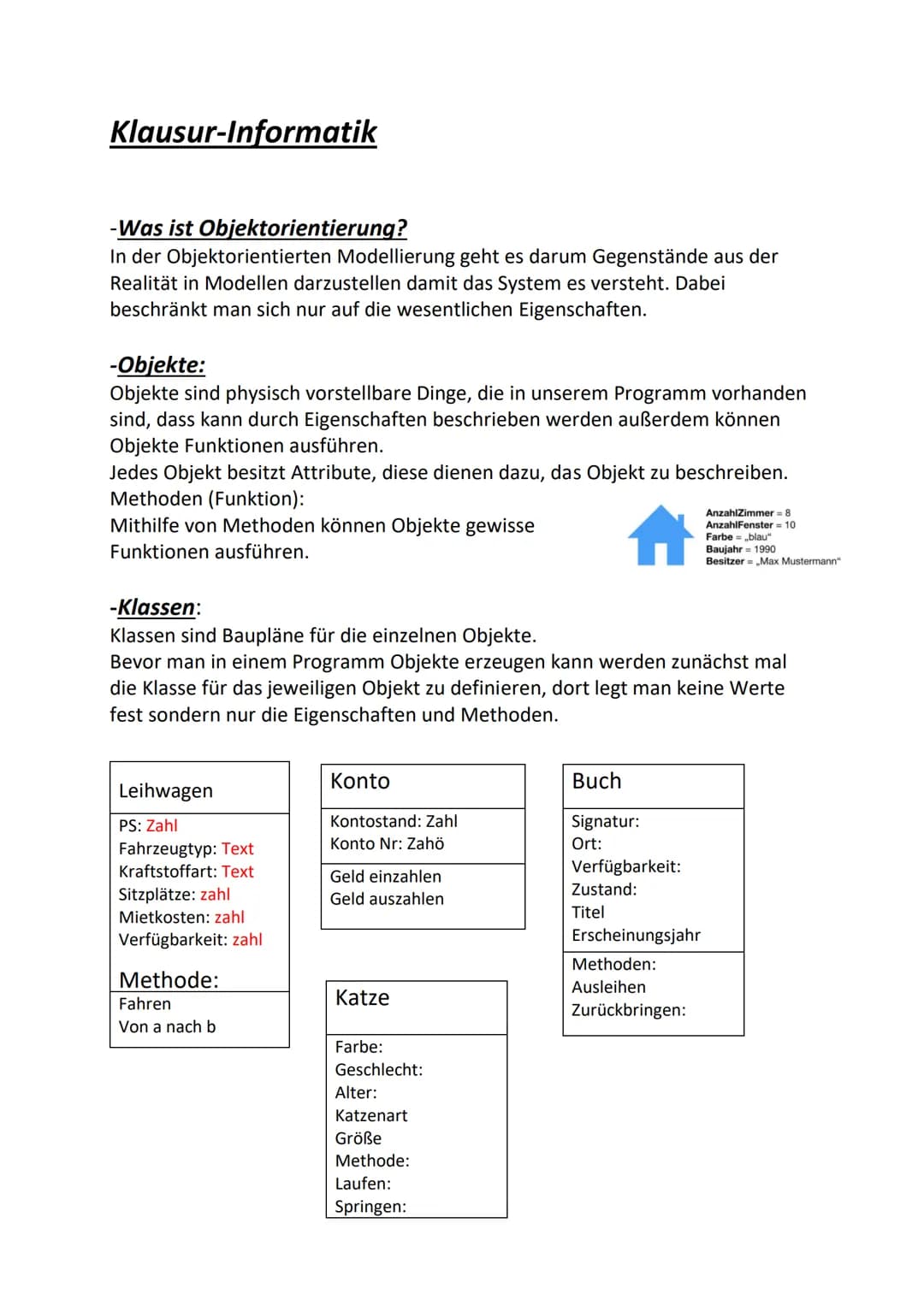 # Klausur-Informatik
-Was ist Objektorientierung?
In der Objektorientierten Modellierung geht es darum Gegenstände aus der
Realität in Mode