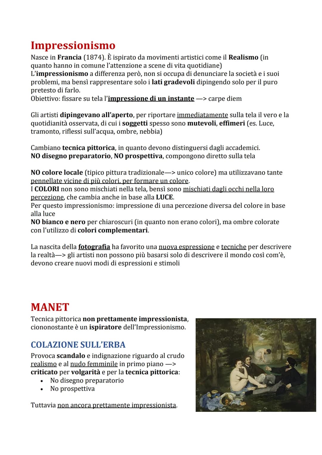 # Impressionismo
Nasce in Francia (1874). È ispirato da movimenti artistici come il Realismo (in
quanto hanno in comune l'attenzione a scen