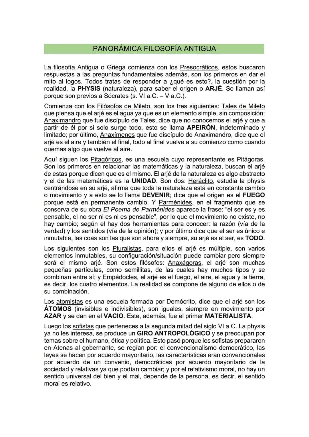 # PANORÁMICA FILOSOFÍA ANTIGUA
La filosofía Antigua o Griega comienza con los Presocráticos, estos buscaron
respuestas a las preguntas fund