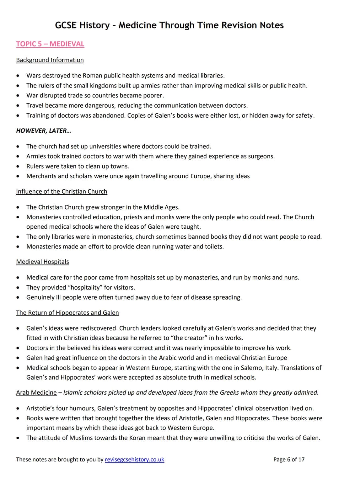 # GCSE History - Medicine Through Time Revision Notes
TOPIC 5-MEDIEVAL
Background Information
- Wars destroyed the Roman public health sy
