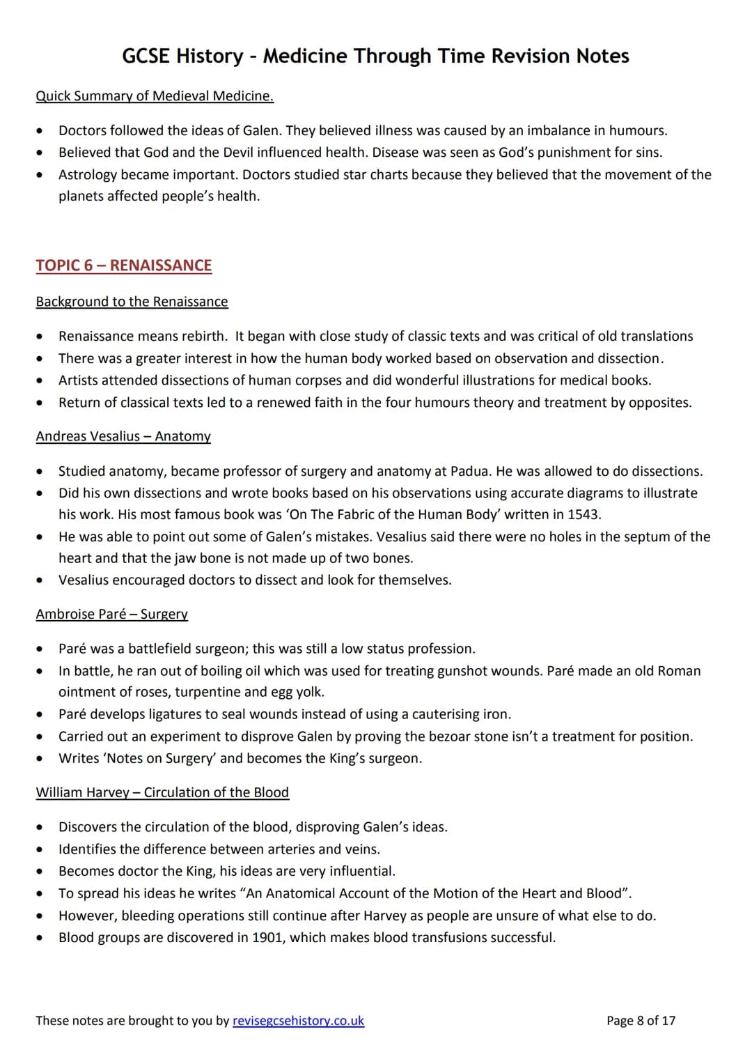 # GCSE History - Medicine Through Time Revision Notes
TOPIC 5-MEDIEVAL
Background Information
- Wars destroyed the Roman public health sy