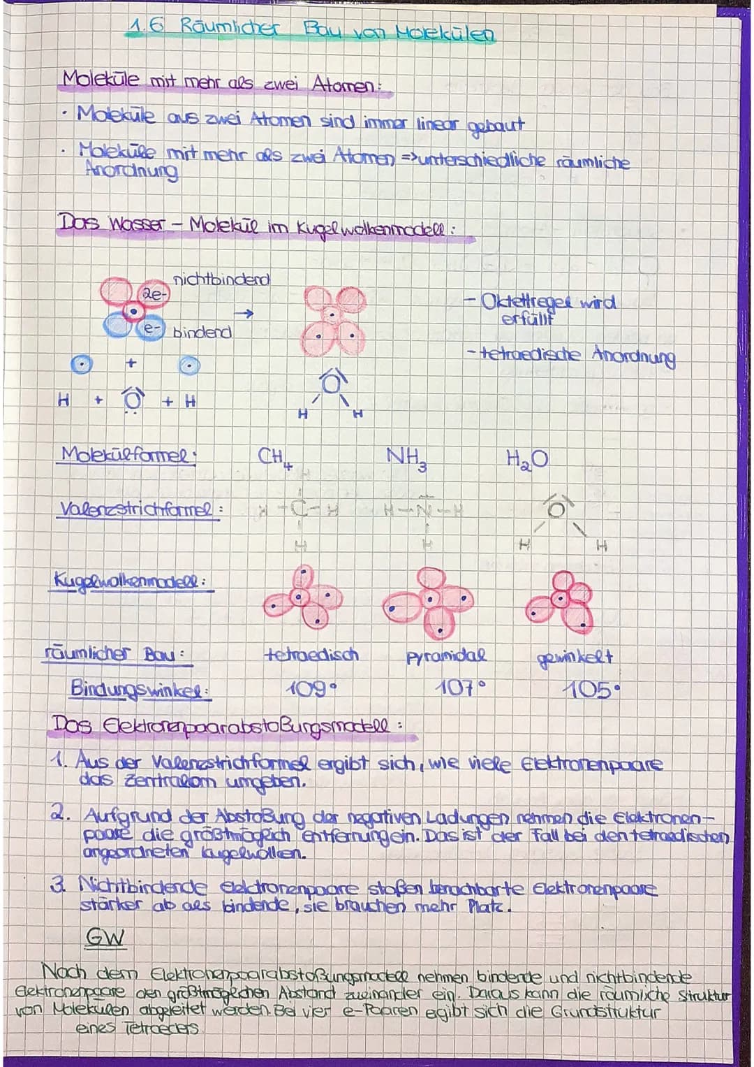 # 1.6 Räumlicher Bau von Molekülen
Moleküle mit mehr als zwei Atomen:
- Moleküle aus zwei Atomen sind immar linear gebaut
- Moleküle mit m