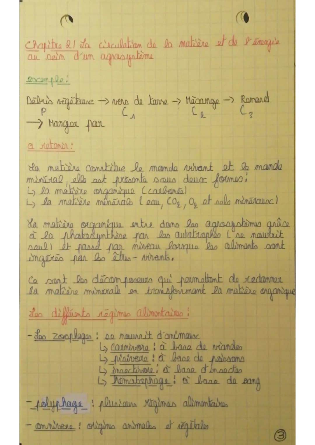 Chapitre 21 La circulation de la matière et de l'énergie
au sein d'em agrasystème
exemple:
Debris végétaure vers de terre > Mesange Renard