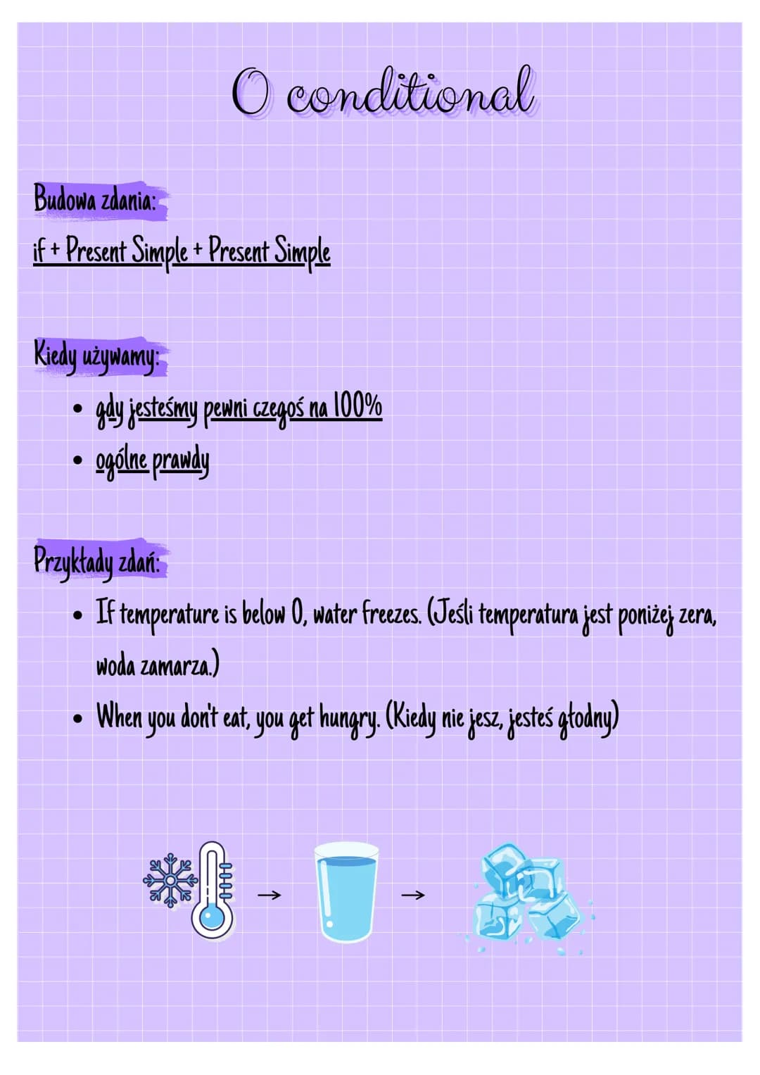 # CONDITIONALS
ogólnie:
Tryby warunkowe w języku angielskim, zwane conditionals, to struktury gramatyczne,
które opisują zdarzenia zależne