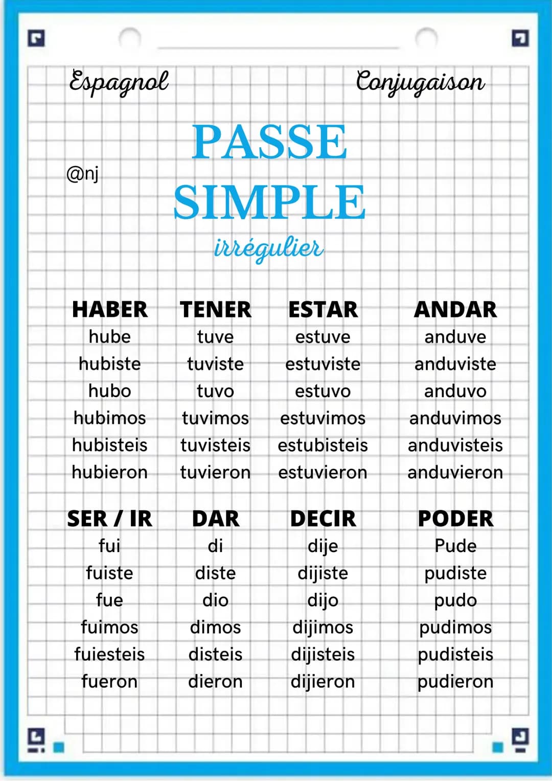 Espagnol
@nj
Conjugaison
PASSE
SIMPLE
Régulier
AR
IR + ER
radical + é
radical + í
radical + aste
radical + iste
radical + ó
radical + íó