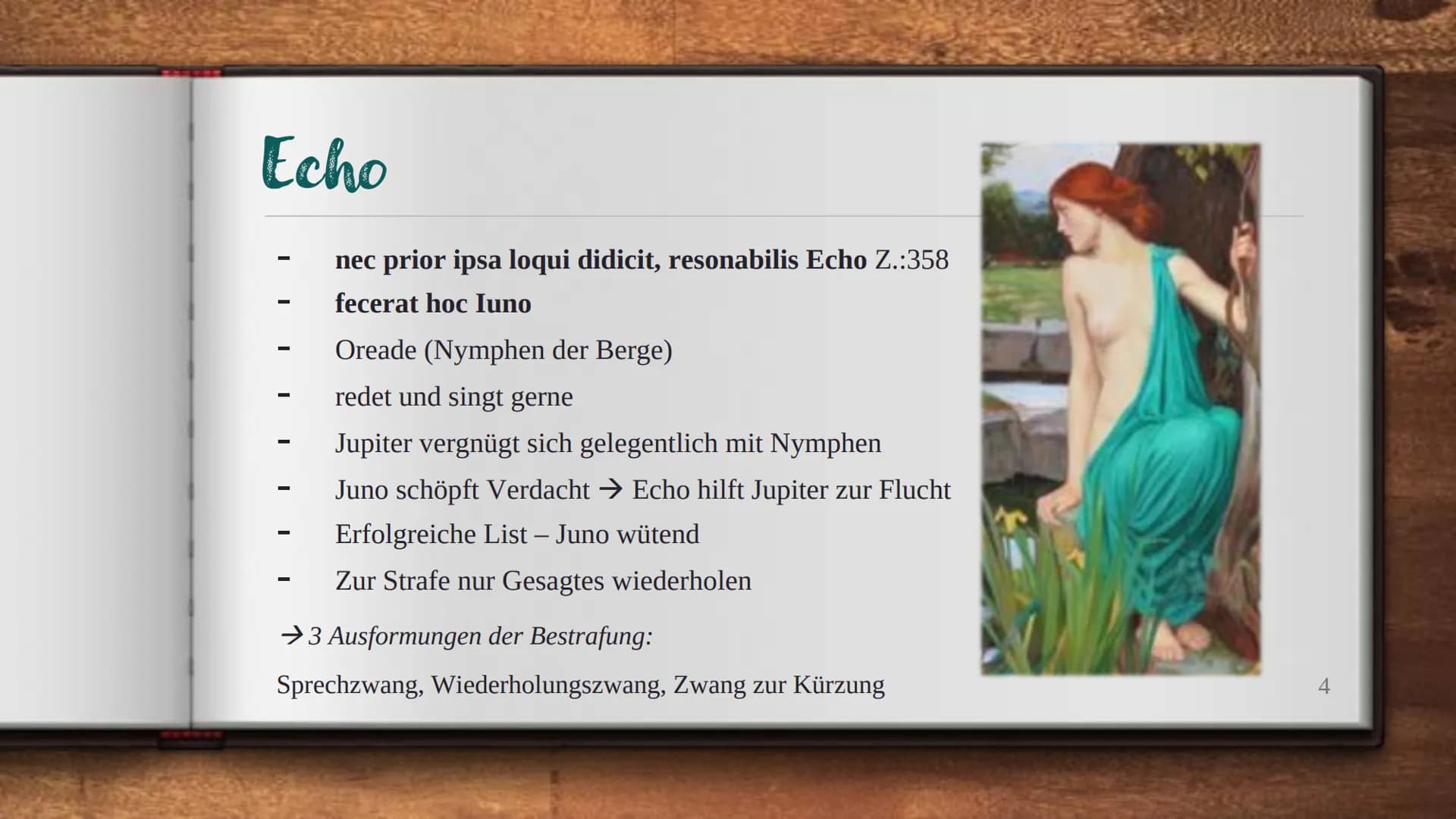 # NARCISSUS UND ECHO
- vier verschiedene / ähnliche Verwandlungen - # Gliederung
- Vorgeschichte
- Echo
- Junos Bestrafung und ihre Tücken
