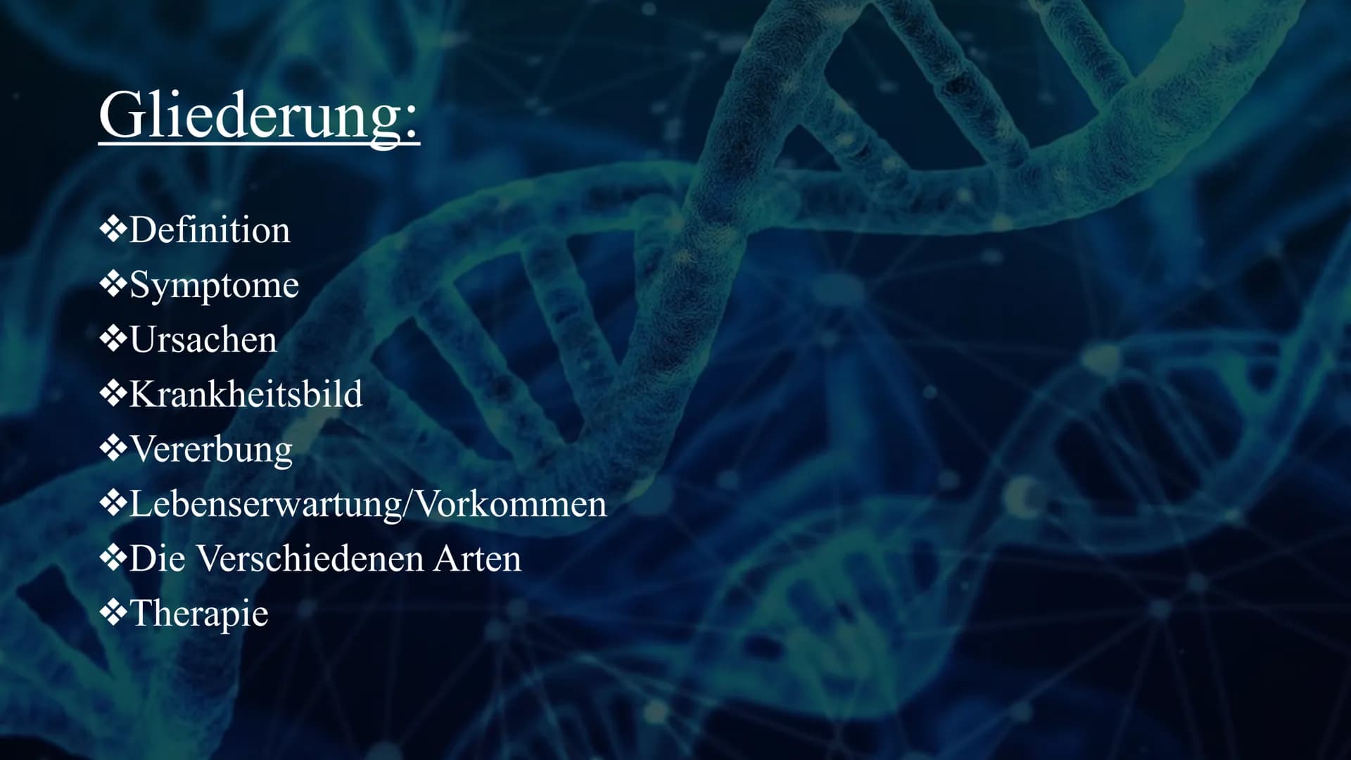 # Mukoviszidose
Von Celine und Nisa Gliederung:
◆Definition
◆Symptome
◆Ursachen
Krankheitsbild
◆Vererbung
◆Lebenserwartung/Vorkommen
◆Die