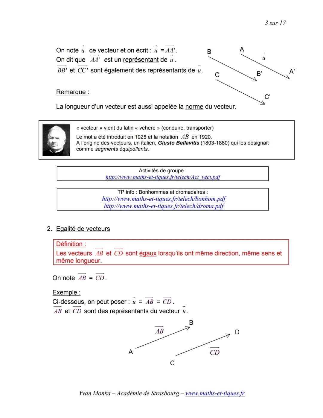 # TRANSLATION ET VECTEURS
1 sur 17
Activités de groupe: La Translation (Partie1):
http://www.maths-et-tiques.fr/telech/trans gr1.pdf
La T